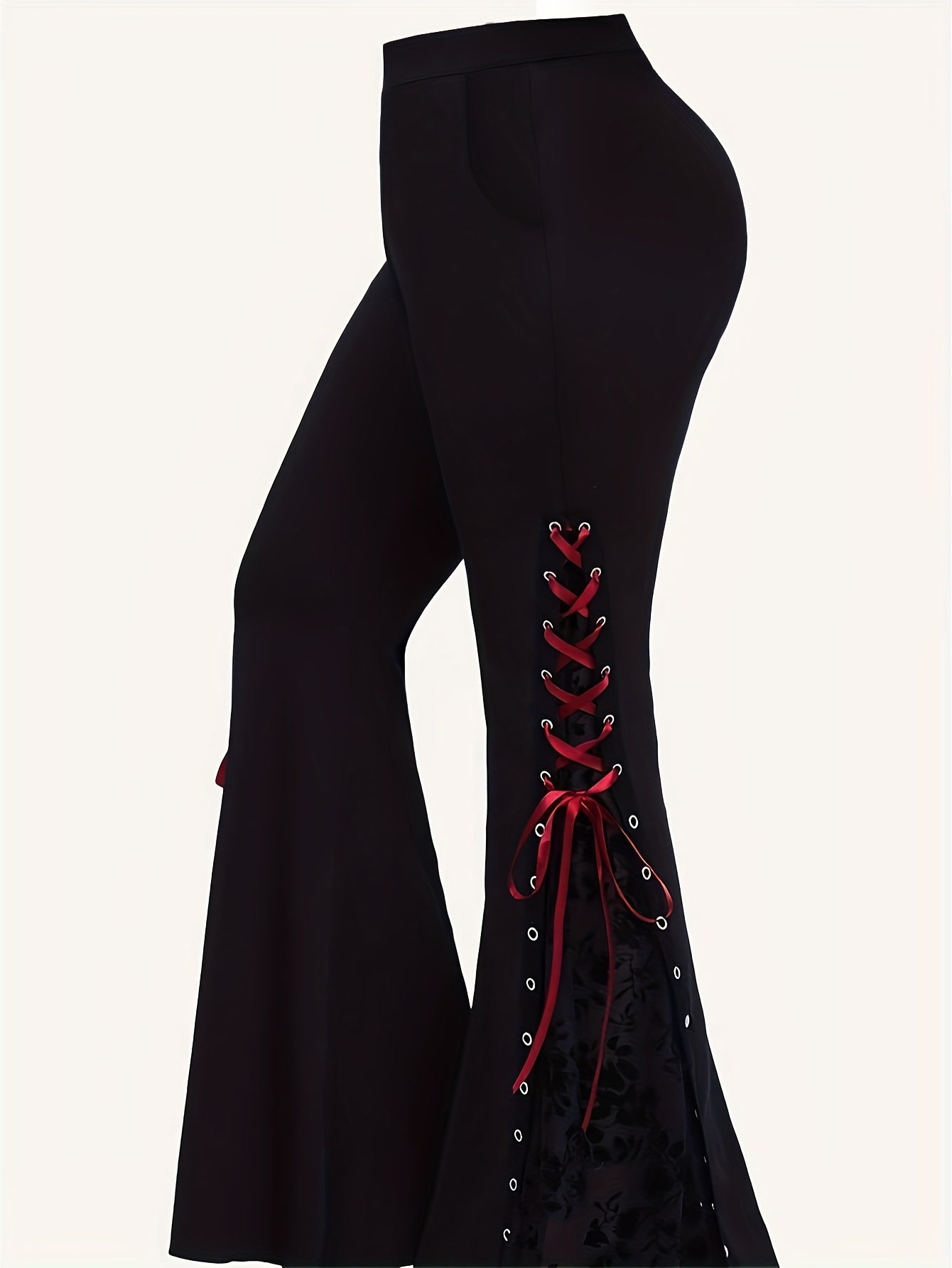 Elegant Solid Color Flare Leg Pants, Polyester Spandex Knit Fabric, Grommets Details, Women'S Clothing