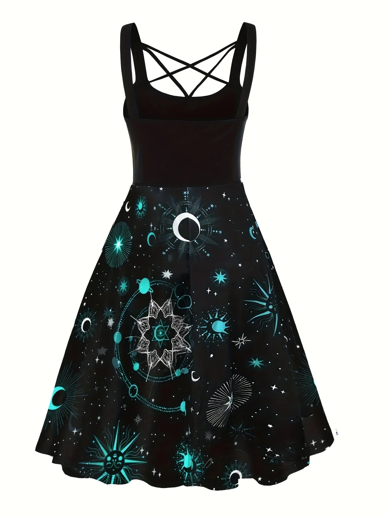 Lace Up Graphic Print Big Swing Dress, Y2K Crisscross Sleeveless Dress For Spring & Summer, Women's Clothing