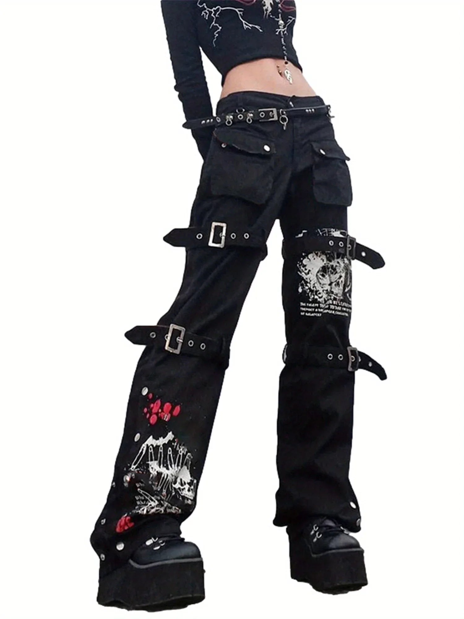 Women High Waist Jeans with Metal Buckle Belt, Lengthened Style Street Dark Spring Clothing
