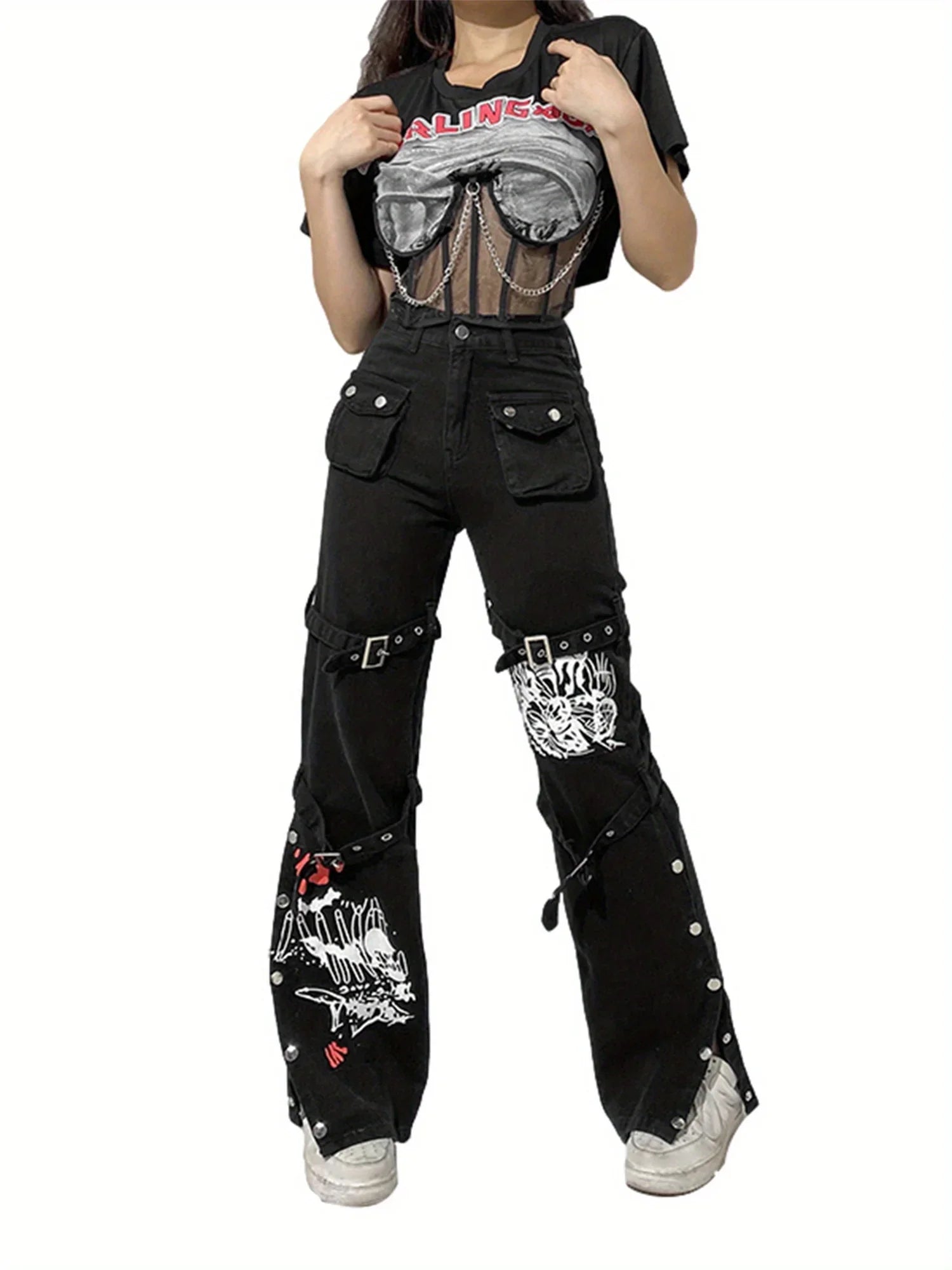 Women High Waist Jeans with Metal Buckle Belt, Lengthened Style Street Dark Spring Clothing