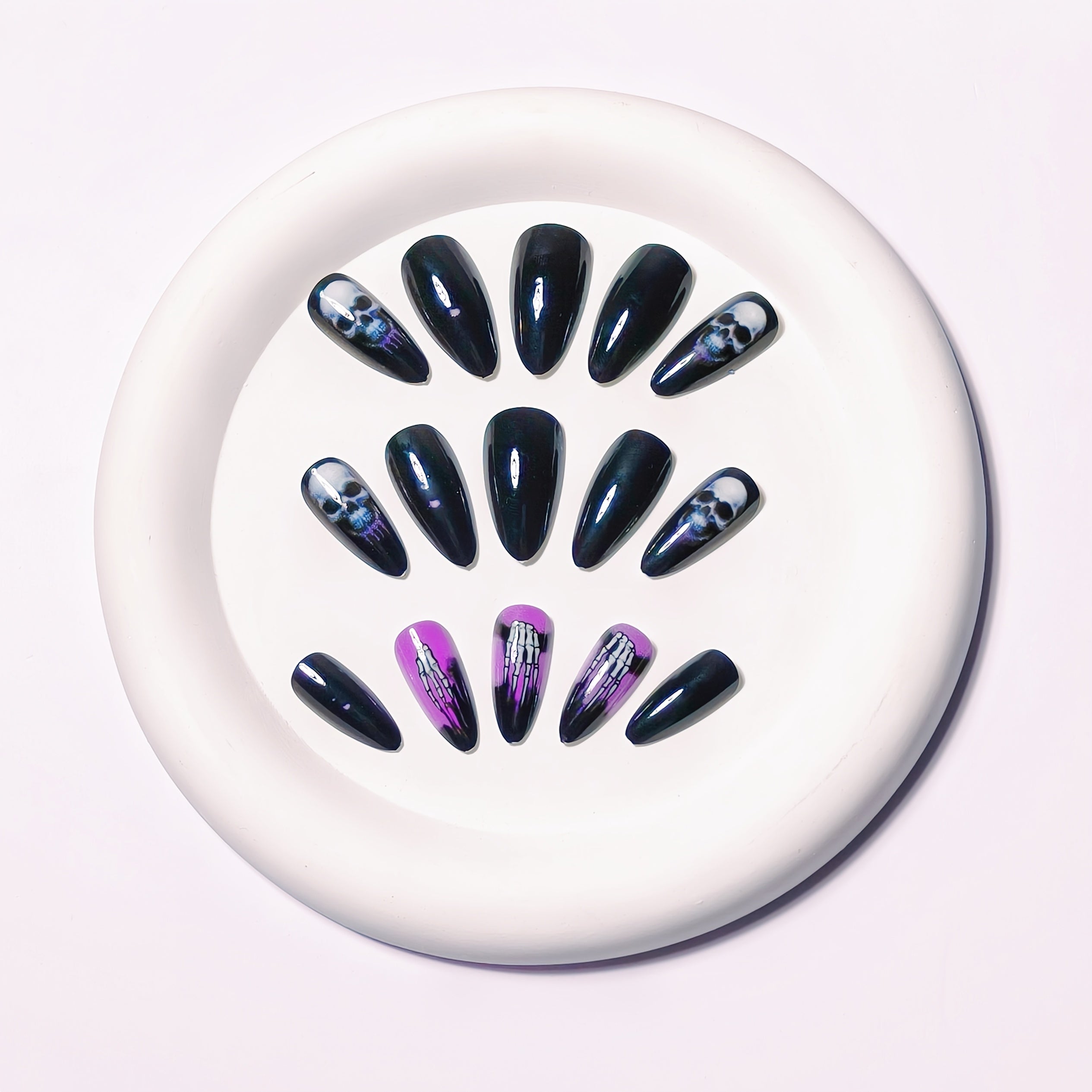 Halloween-Themed Women'S False Nails - Black & Purple Almond Shape with Skulls, Bones, and Smoky Design, Removable Press-On Nails for Festive Manicures, Halloween Nail Art, Glossy Finish Nails