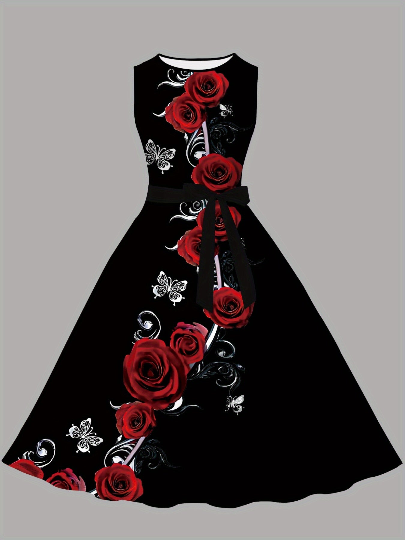 Elegant Black Floral Print A-Line Dress for Women - Sleeveless with Red Roses & Butterflies, Machine Washable, Summer Party or Banquet Dress, Floral Print Dress, Round Neckline