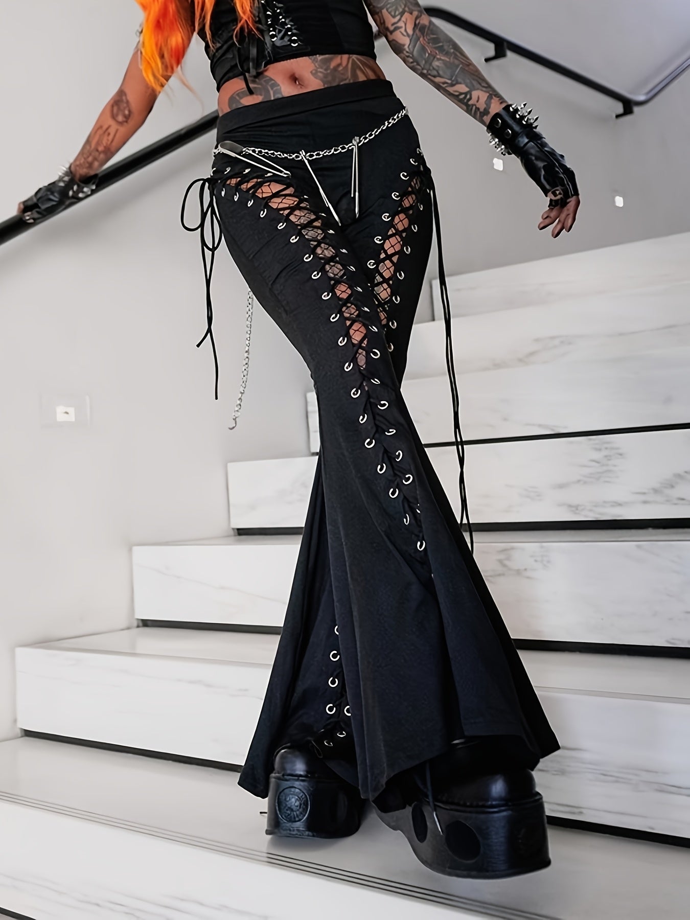 Lilac XN Women'S Gothic Black Streetwear Flare Pants - Sexy Elastic Waist with Tie-Front Detail, Thick Platform Heel, Summer Casual & Party Wear, Flared Leg Pants, Party Attire, Edgy Fashion, Metallic Accents