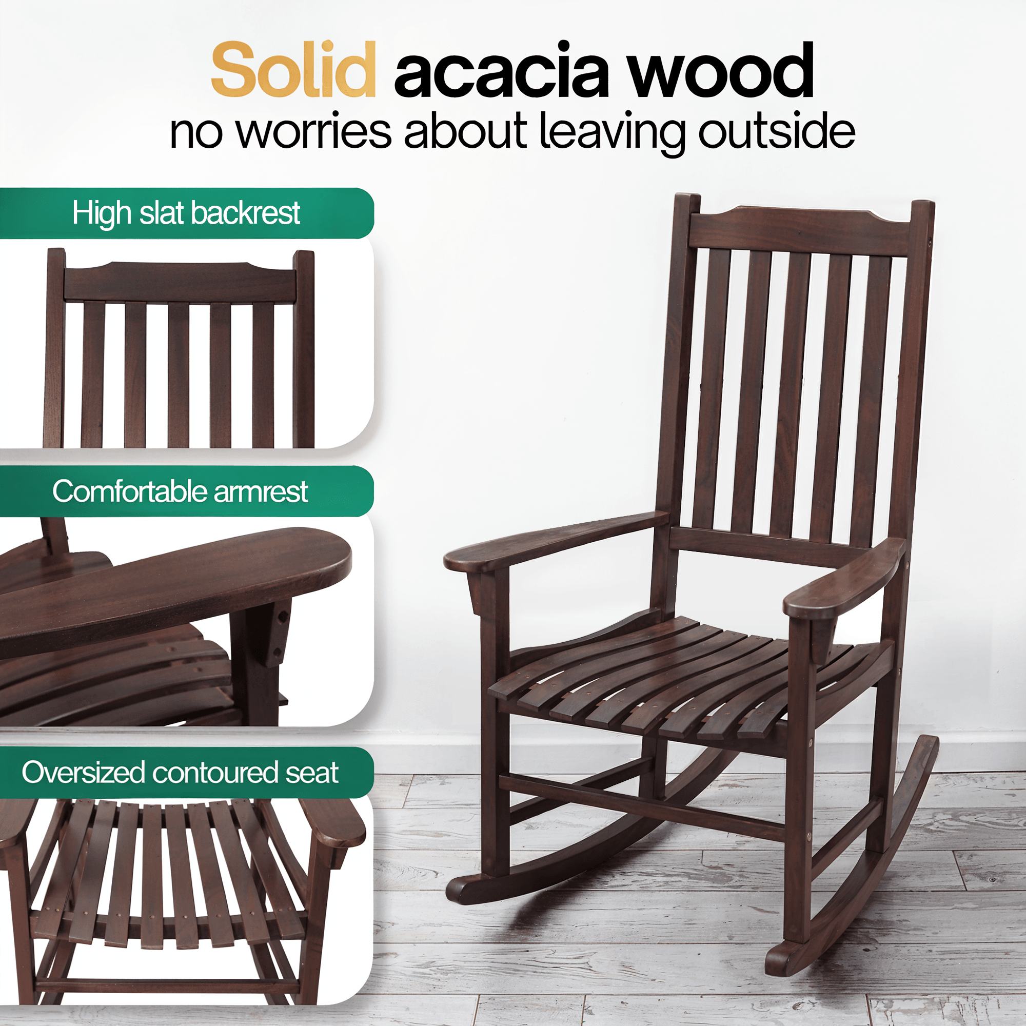 Tranquillo Oasis Wooden Rocking Chair for Patio, Porch, or Indoor Use