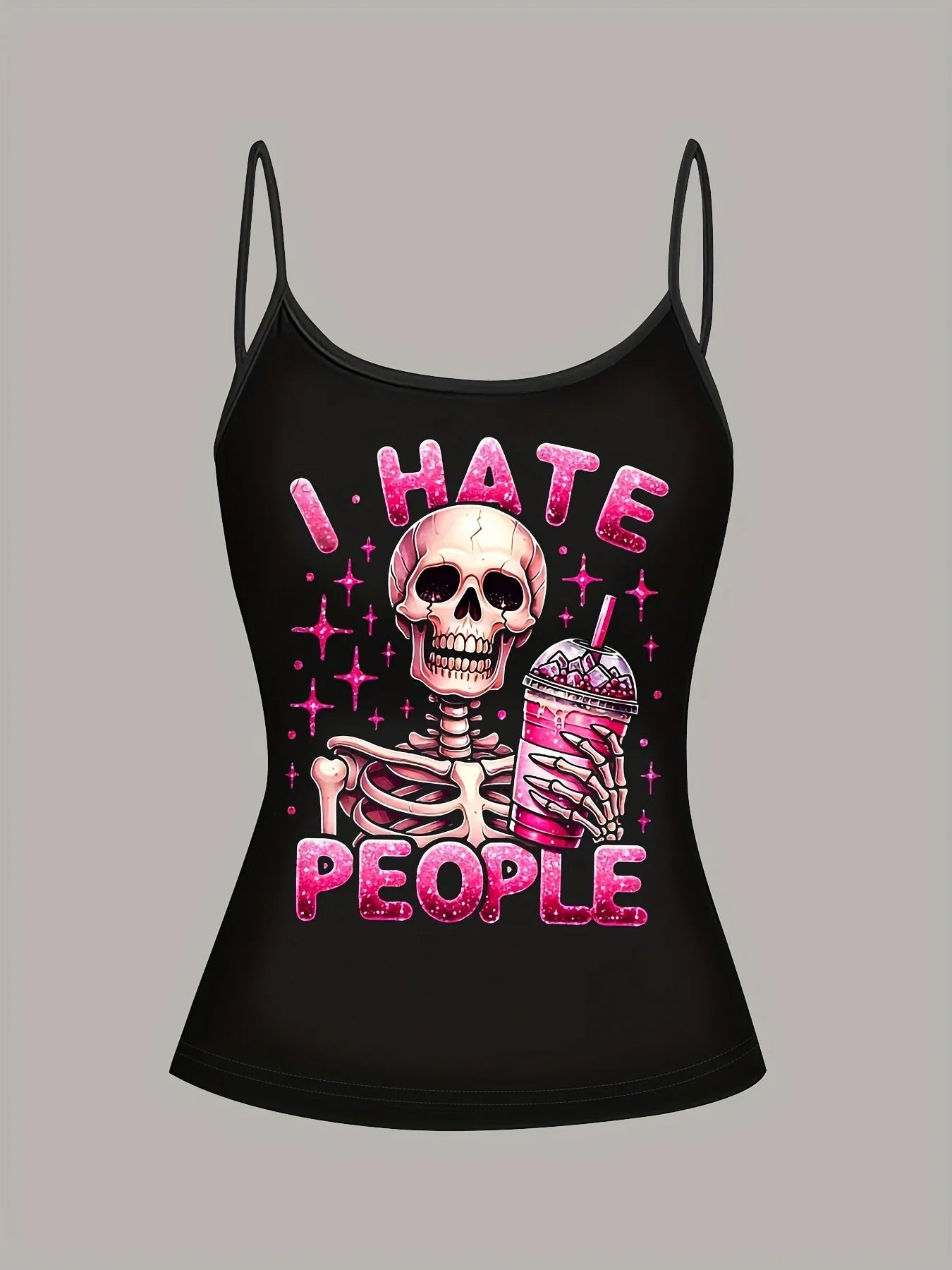 Black Streetwear Vintage Design Tank Top for Women Featuring a Skull Holding a Coffee Print.