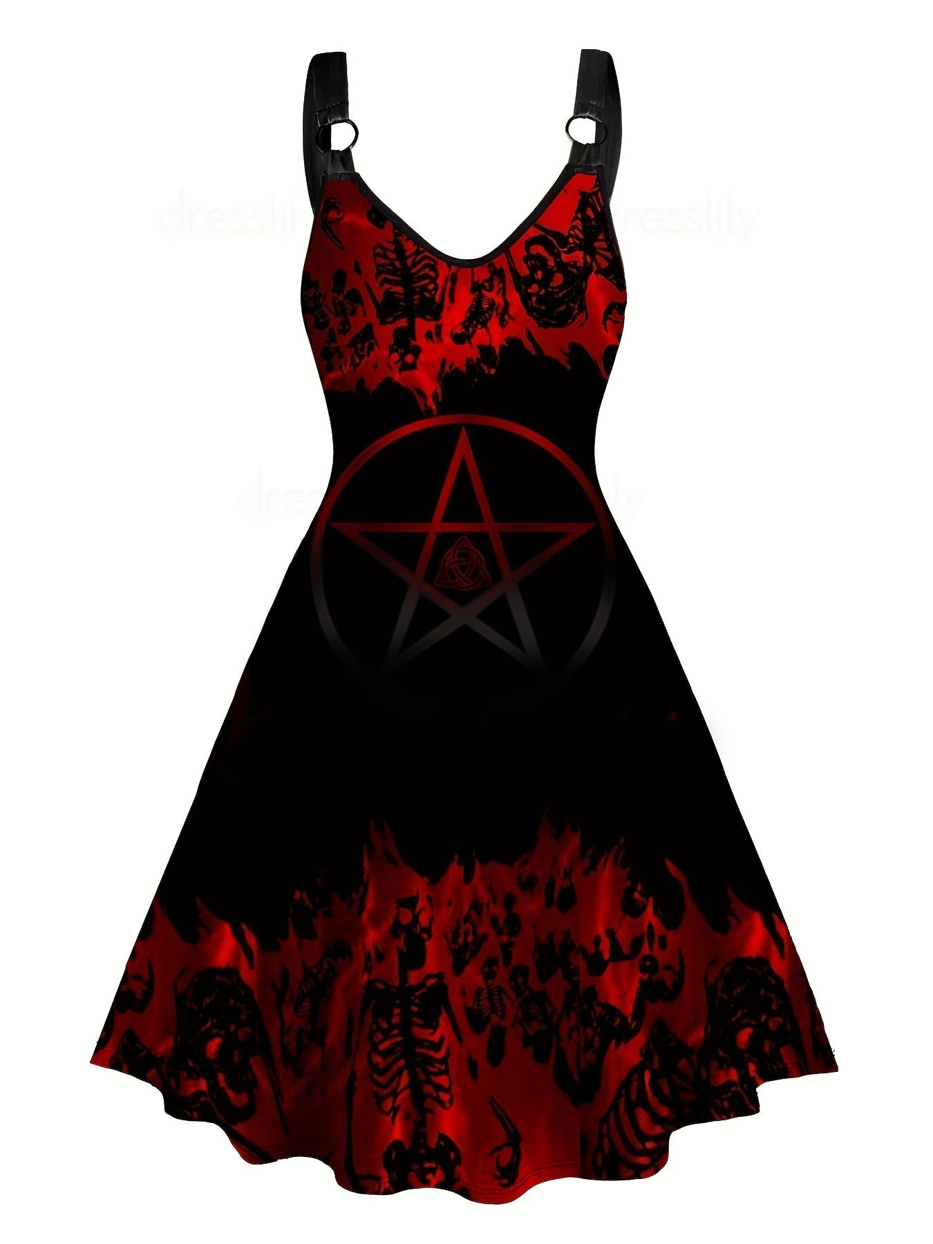 Women's Gothic Skull & Pentagram Print Sleeveless Dress - V-Neck A-Line Knee-Length Flared Hem, Machine Washable Black & Red Geometric Pattern for Year-Round Wear, Skull Dress, Festive Attire, Allseason Fashion, Medium Elasticity, Comfortable Fit