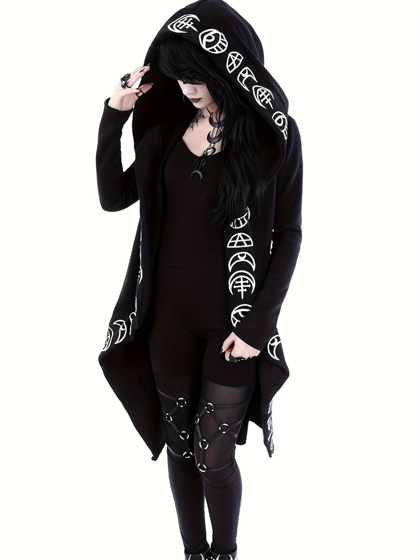 Gothic Witchcraft Pattern Hooded Cardigan for Women, Long Sleeves with Hood