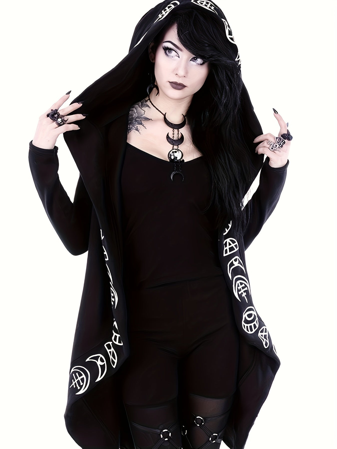Gothic Witchcraft Pattern Hooded Cardigan for Women, Long Sleeves with Hood
