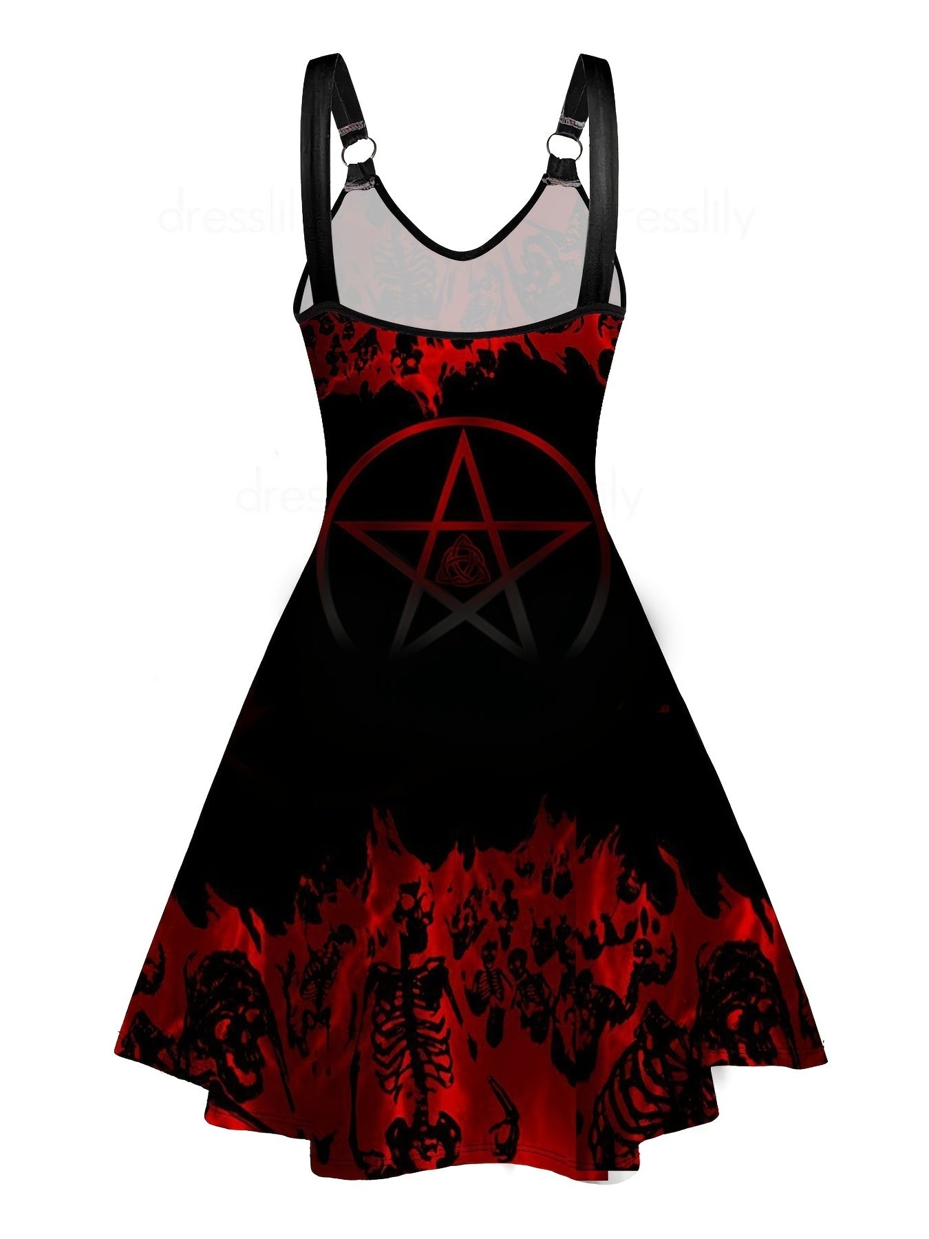 Women's Gothic Skull & Pentagram Print Sleeveless Dress - V-Neck A-Line Knee-Length Flared Hem, Machine Washable Black & Red Geometric Pattern for Year-Round Wear, Skull Dress, Festive Attire, Allseason Fashion, Medium Elasticity, Comfortable Fit