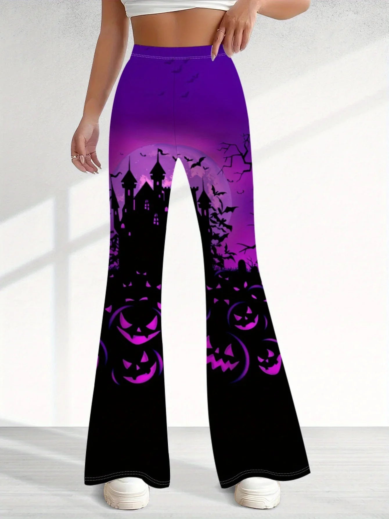 Women's Gothic Vampire Bat & Haunted Castle Wide-Leg Bell-Bottom Pants - Vibrant Purple & Black Full-Body Print Trousers for Halloween Costume Party Outfit, Casual Wear, Women Pants, Fall Clothes For Women