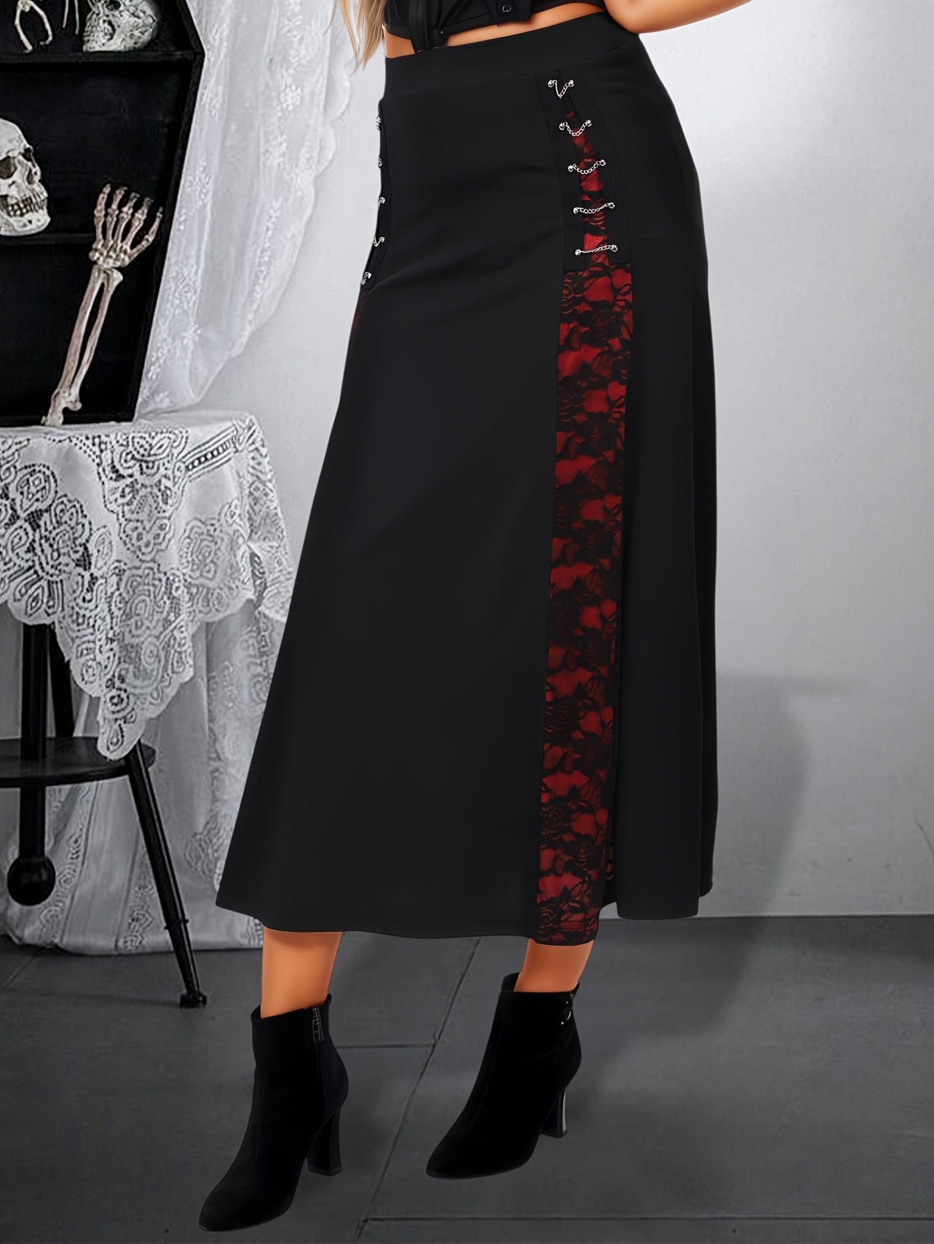 Women's Elegant Gothic A-Line Midi Dress, Red Fabric Patchwork Rose Lace Vintage Style with Chain Design - Suitable for Spring Summer Autumn Winter Party Wear and Everyday Outfits