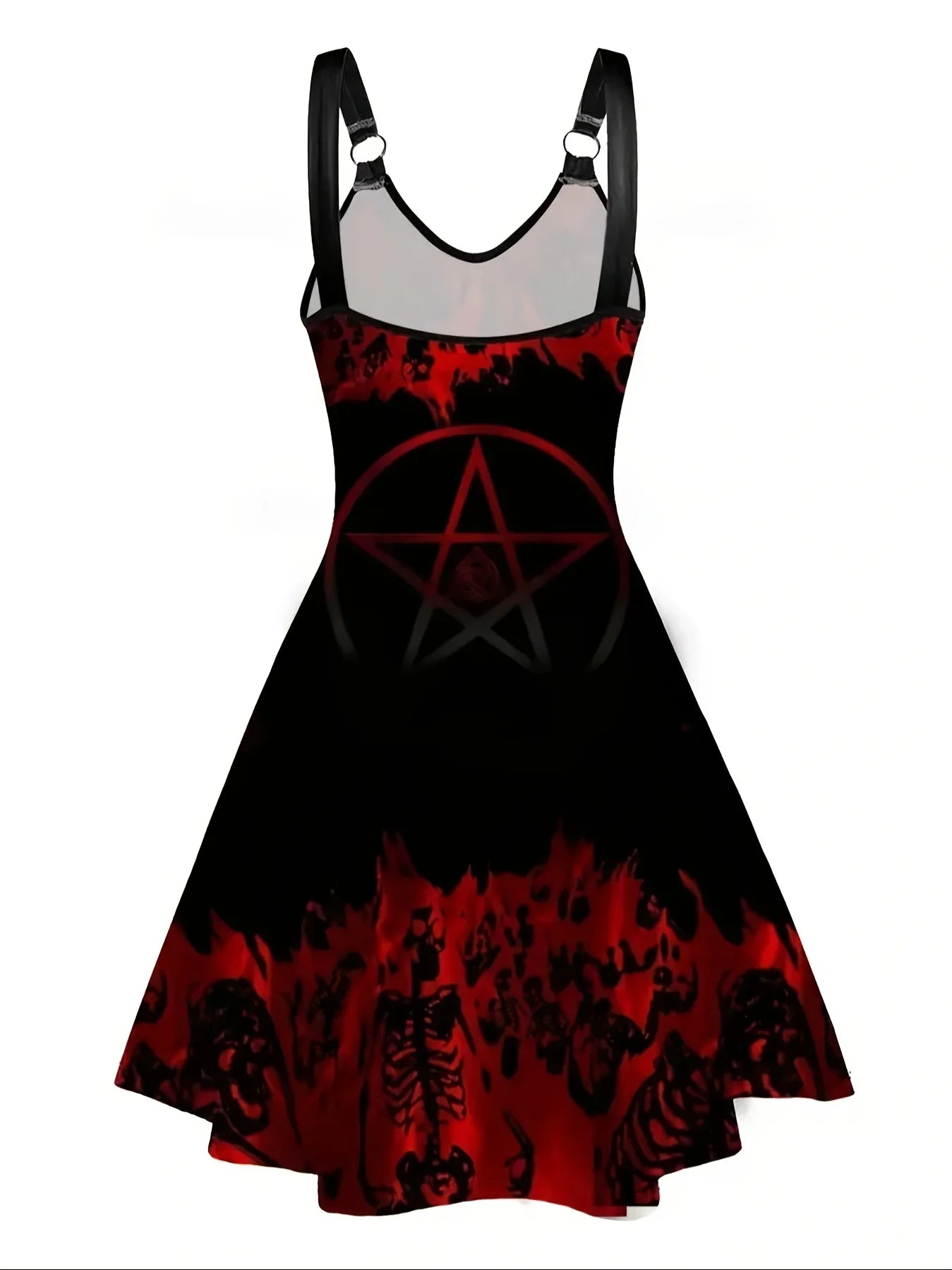 Women'S Gothic Flame Skull Art Print Sleeveless Dress - V-Neck, Black with Red & White Design, Casual Summer Dress for Spring/Summer/Fall, Autumn Casual Wear | Skull Print Dress | Sleeveless Dress