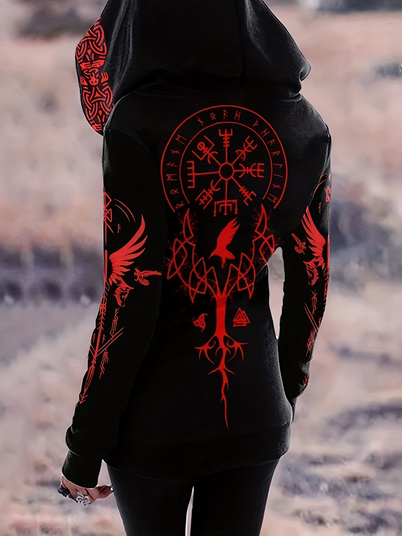 Tribal Viking Totem Contrast Print Zipper Hoodie