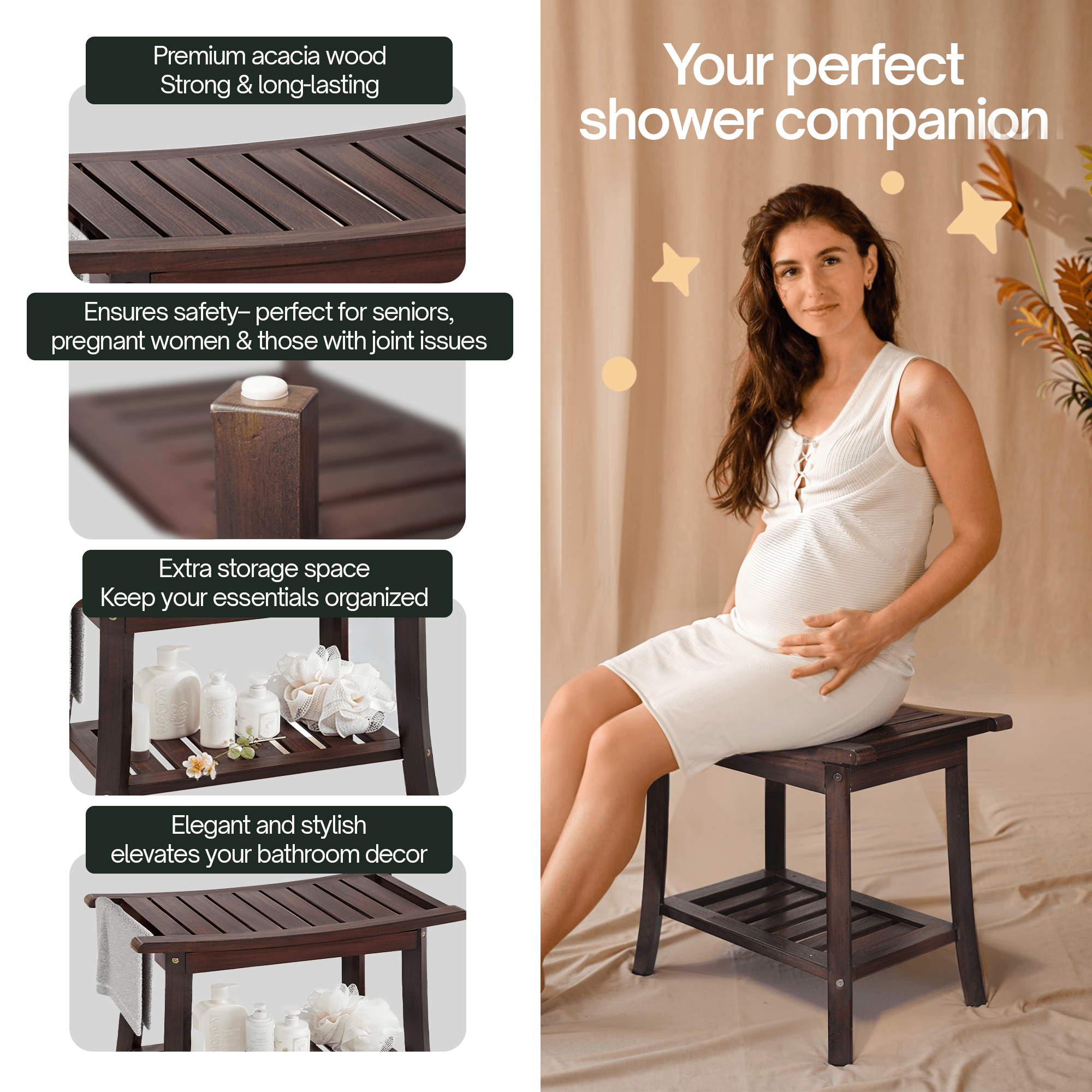 Tranquillo Wood Shower Bench, Shower Stool Wood