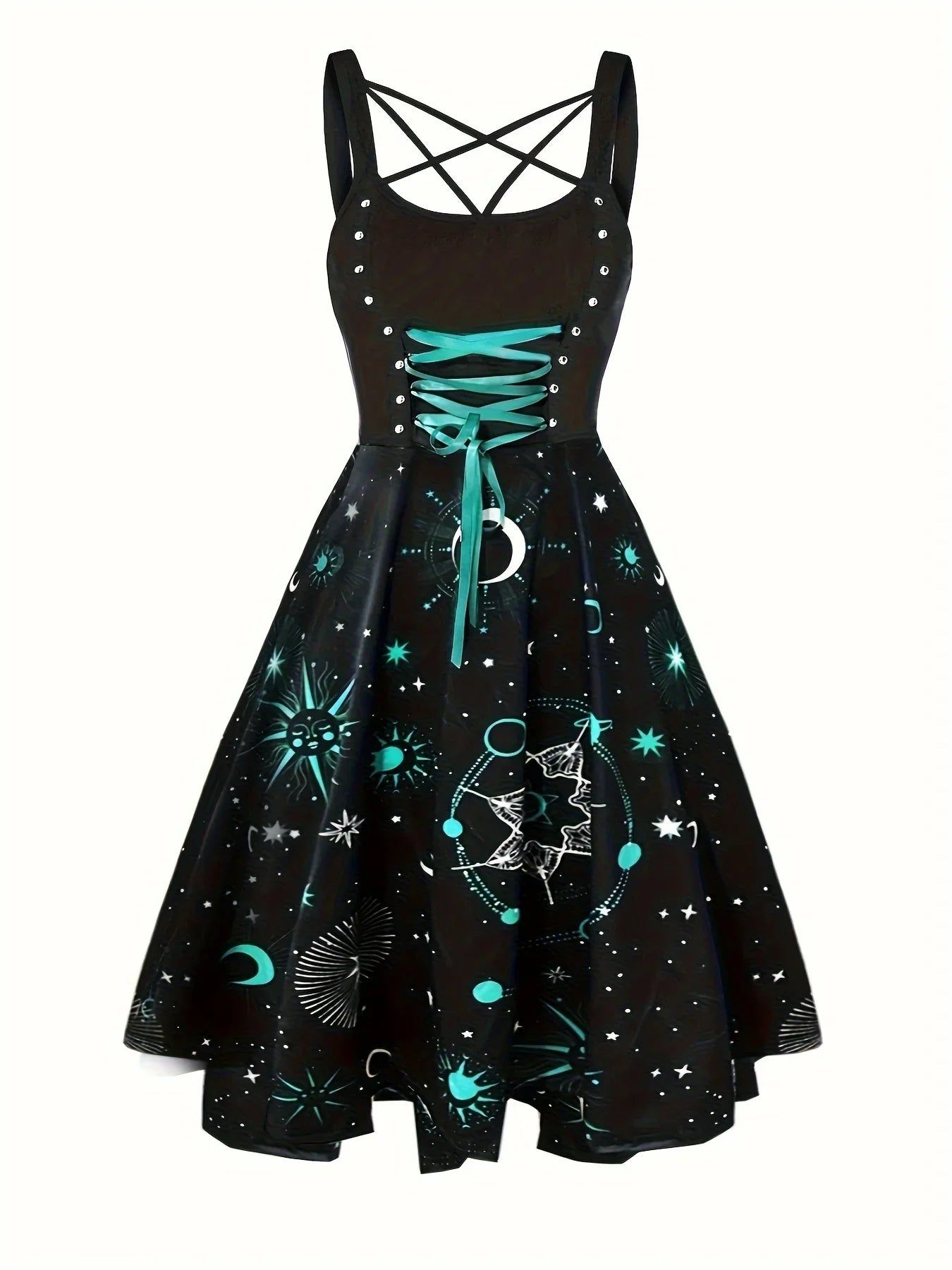 Lace Up Graphic Print Big Swing Dress, Y2K Crisscross Sleeveless Dress For Spring & Summer, Women's Clothing