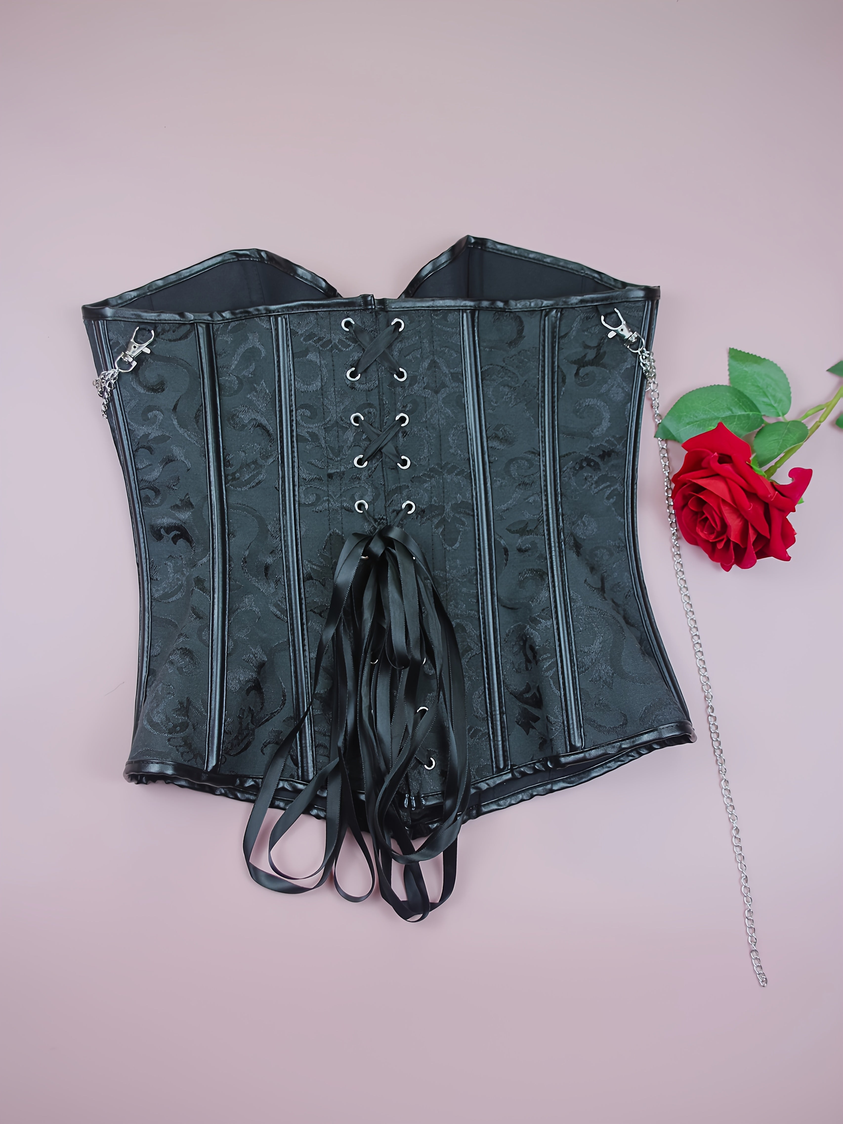 Gothic Black Jacquard Chainmail Corset Top - High-Support Slim-Fit V-Neck with Intricate Floral Patterns, Steam Punk Nightclub & Halloween Costume Accessory for Women, Goth Accessories, Party Attire, Vintageinspired Design, Highsupport Construction