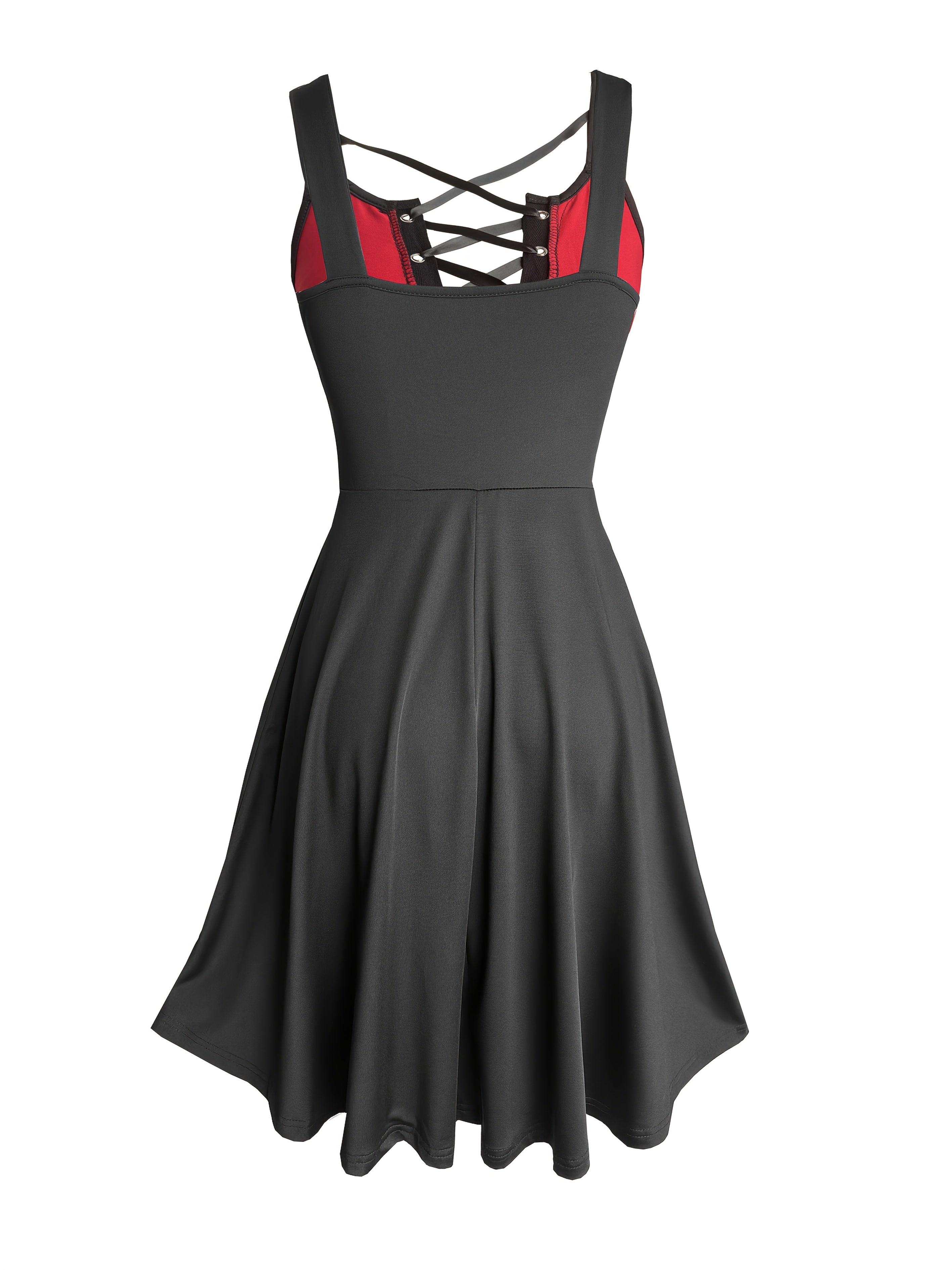Women'S Gothic party dress - Sexy A-Line skirt with front tie-up, Black & Lace-like accents, for Nightclub, Halloween, Everyday Outfits - All-Season Formal & Casual Attire, Nightclub Attire, Vneck Design, Lace Detailing