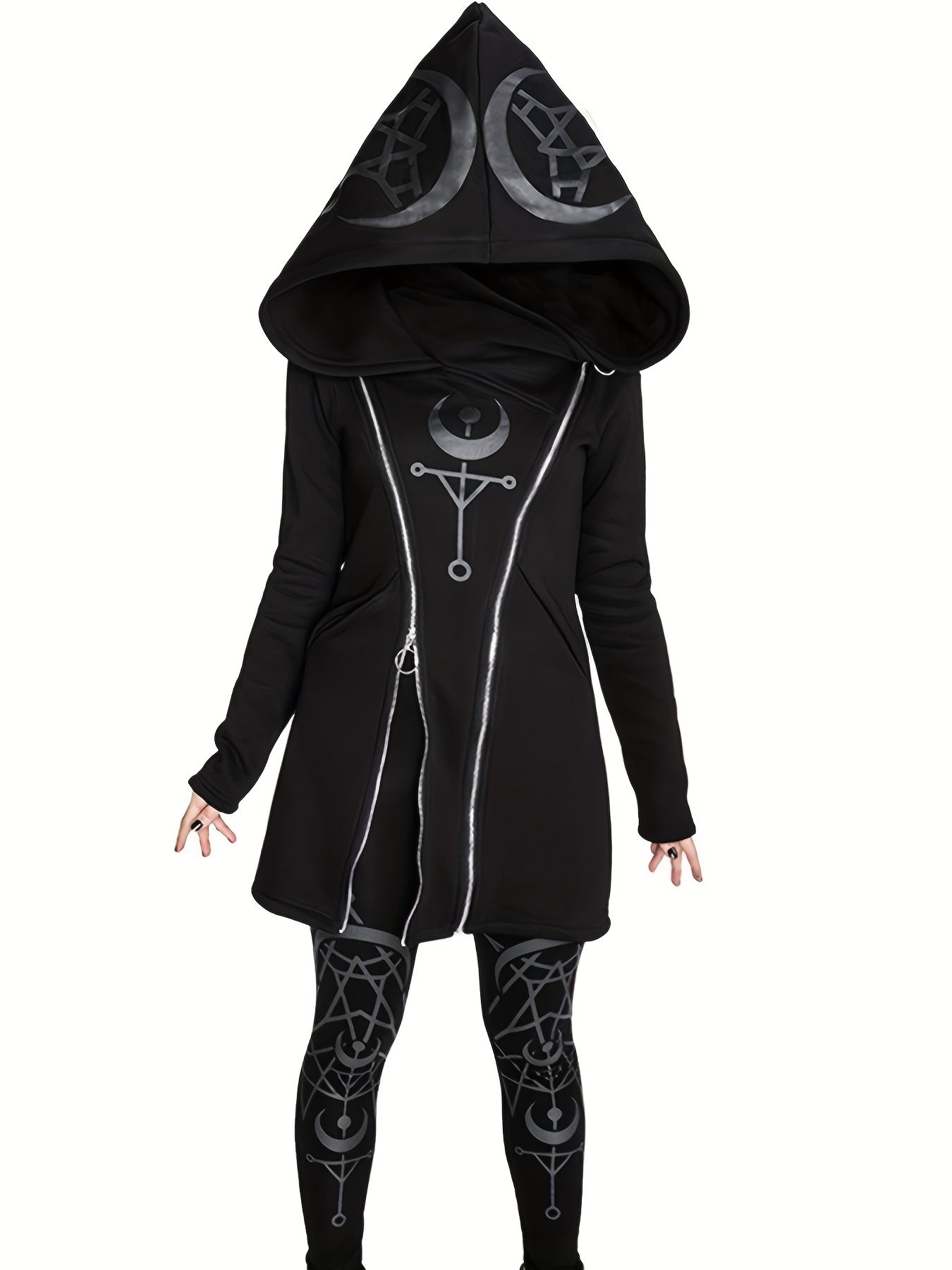 SLL Women's Elegant Geometric Print Hooded Zip-Up Jacket - Black with White Mystical Symbols, Medium Stretch Machine-Washable All-Season Outerwear, Casual Wear, Celestial Design, Durable Fabric