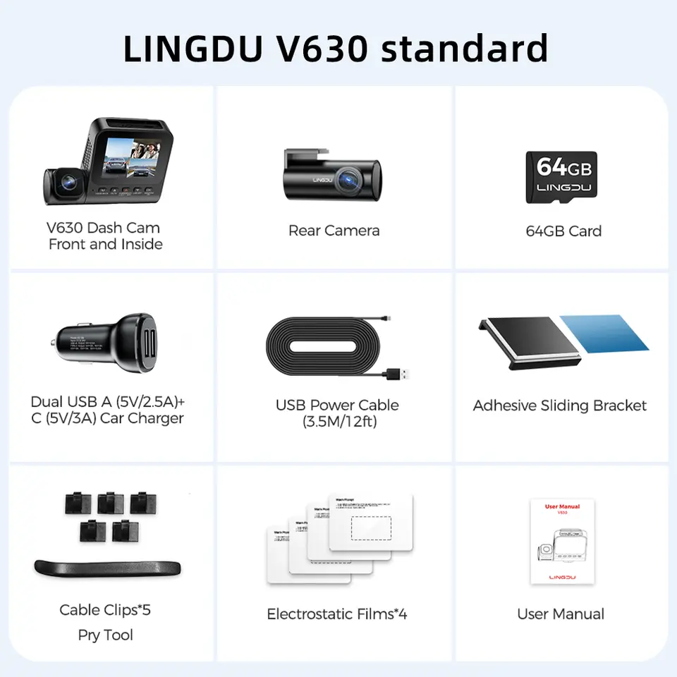 LINGDU 4K 3 Channel Wireless Dash Camera with Free 64GB Card,4K+1080P+1080P Front Inside and Rear Triple Car Camera,IR Night Vision, Voice Control,Build-in GPS 24H Parking Mode, Easy to Install(V630)