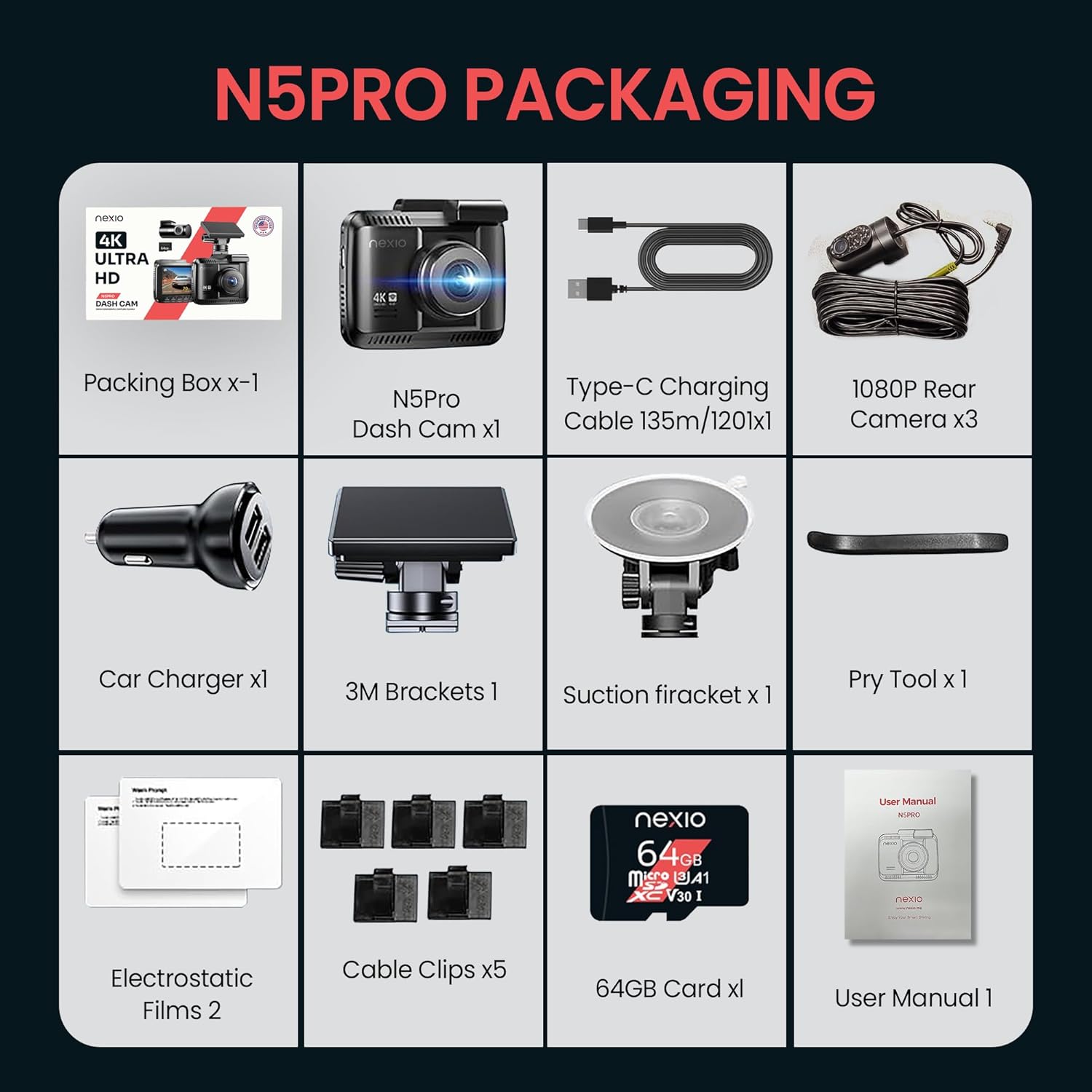 NEXIO N5Pro 4K Dual Dash Cam with Starvis Sensor, WiFi, GPS, ADAS, Park Mode