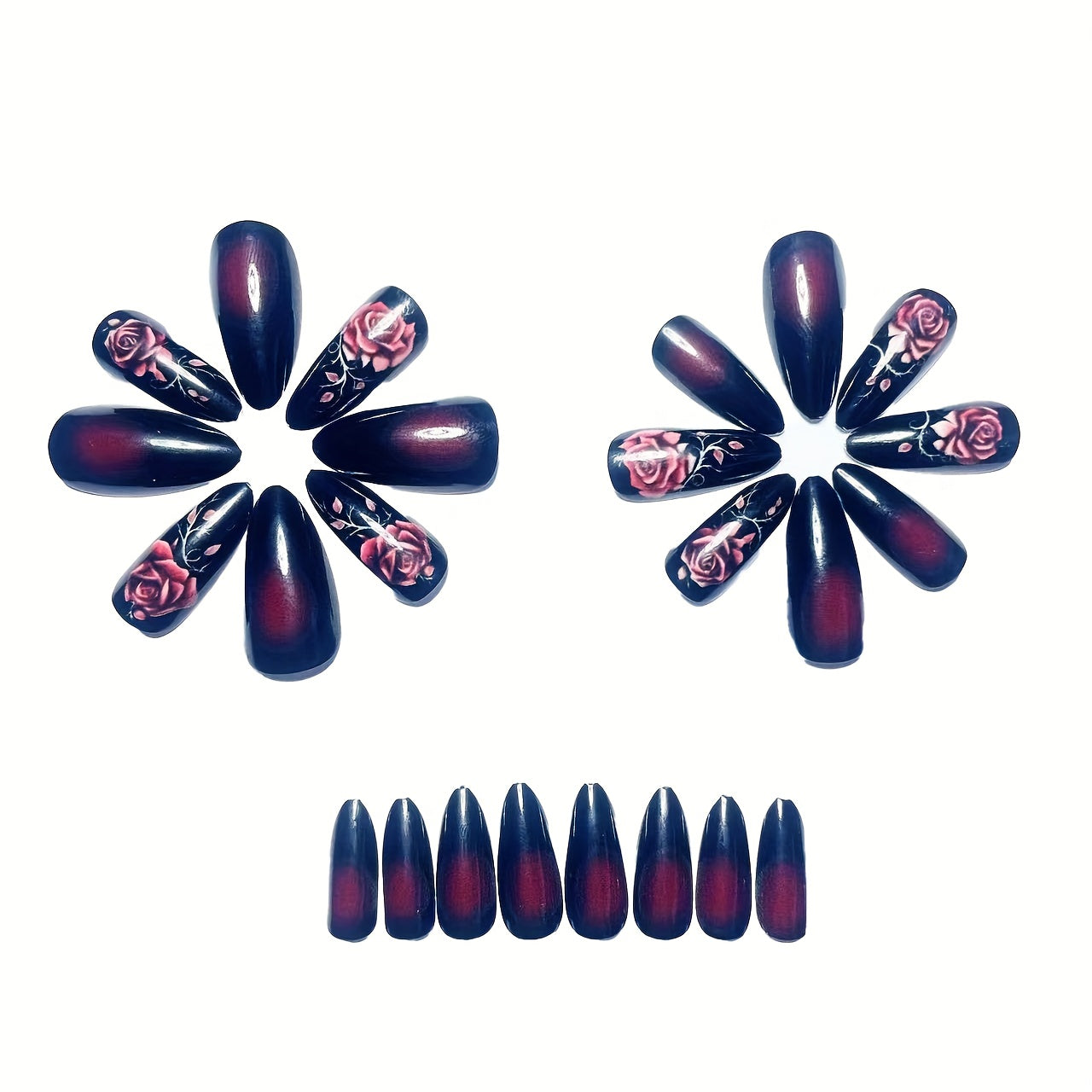 Women's Glossy Press On Nails Almond Shape Medium Length - Burgundy & Black Red Rose Floral Design with White Base, Elegant Glossy Finish, Comfortable Press On Nails for Parties, Weddings, Casual Attire - Burgundy, Black, White & Pink Ombre Gradient, Dur