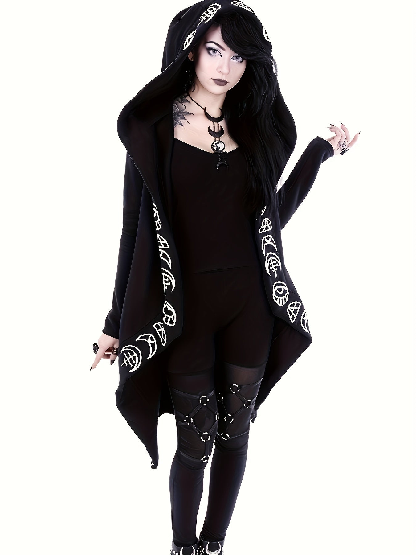 Gothic Witchcraft Pattern Hooded Cardigan for Women, Long Sleeves with Hood