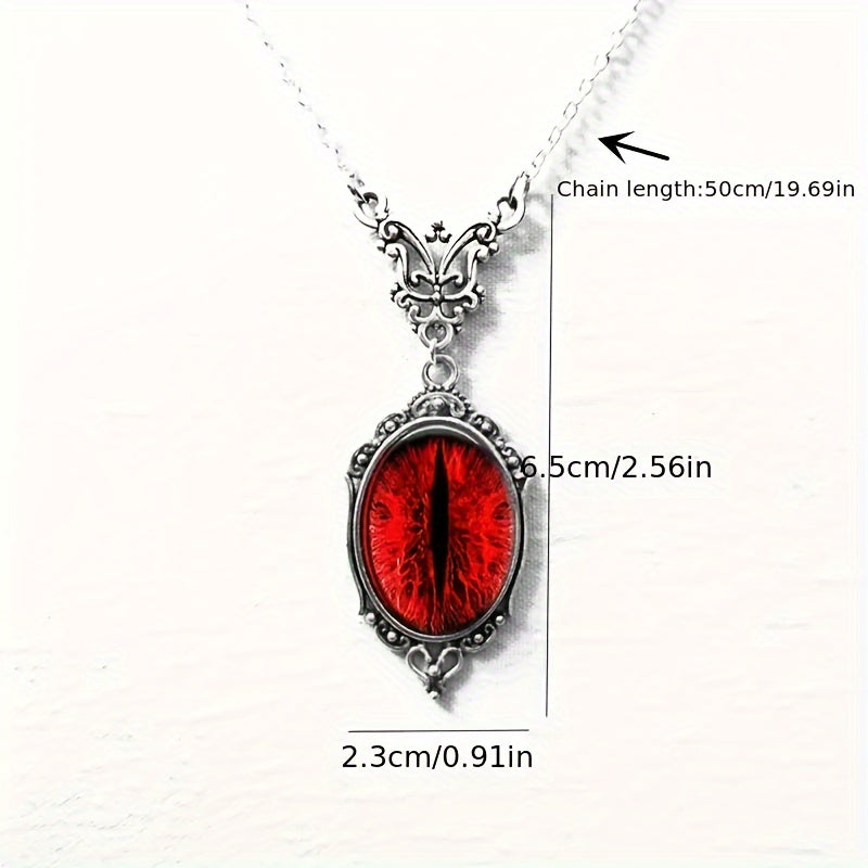 Gothic Bloody Red Cat Eye Relief Charm Pendant Necklace, Vintage Vampire Witch Jewelry Accessories Gift