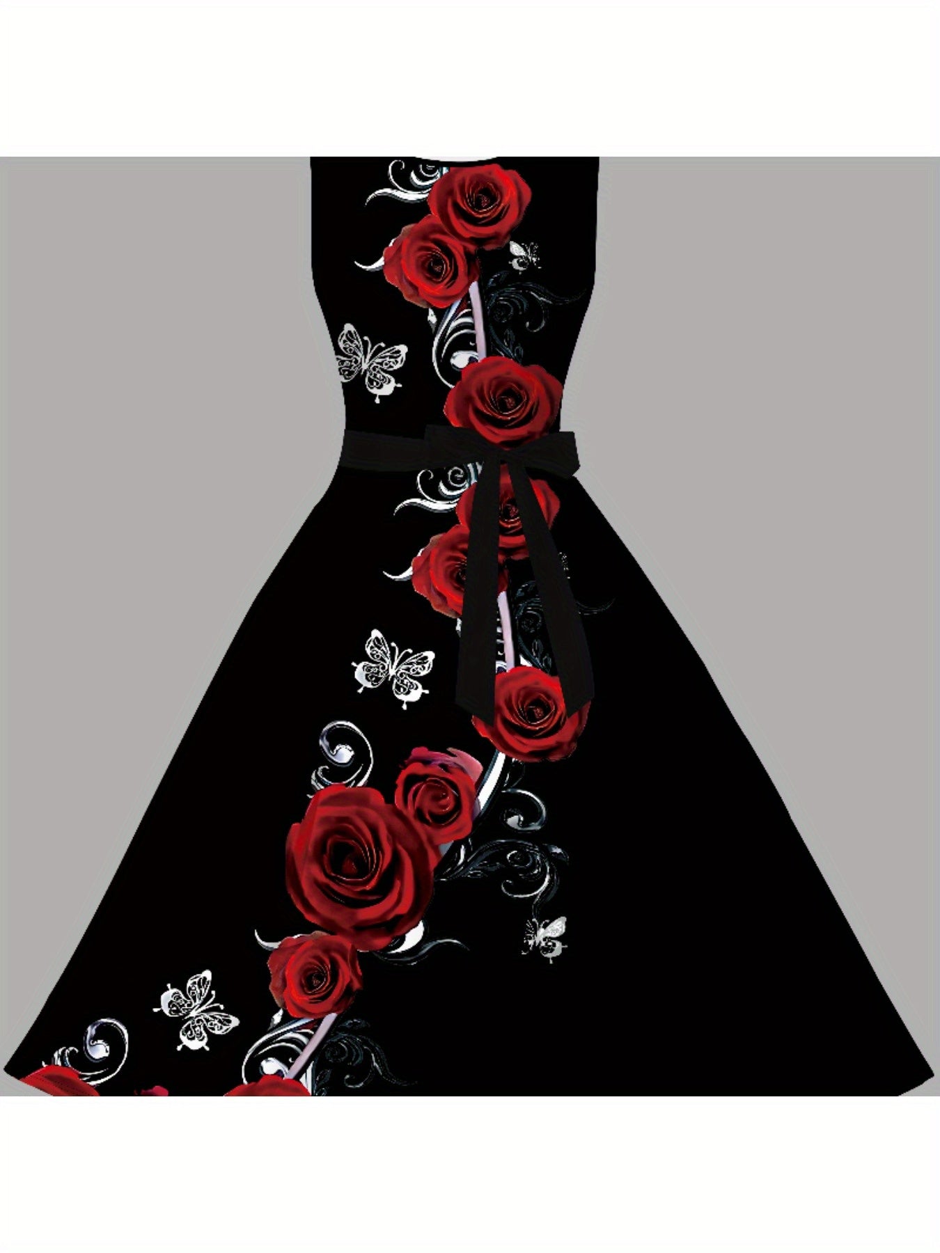 Elegant Black Floral Print A-Line Dress for Women - Sleeveless with Red Roses & Butterflies, Machine Washable, Summer Party or Banquet Dress, Floral Print Dress, Round Neckline