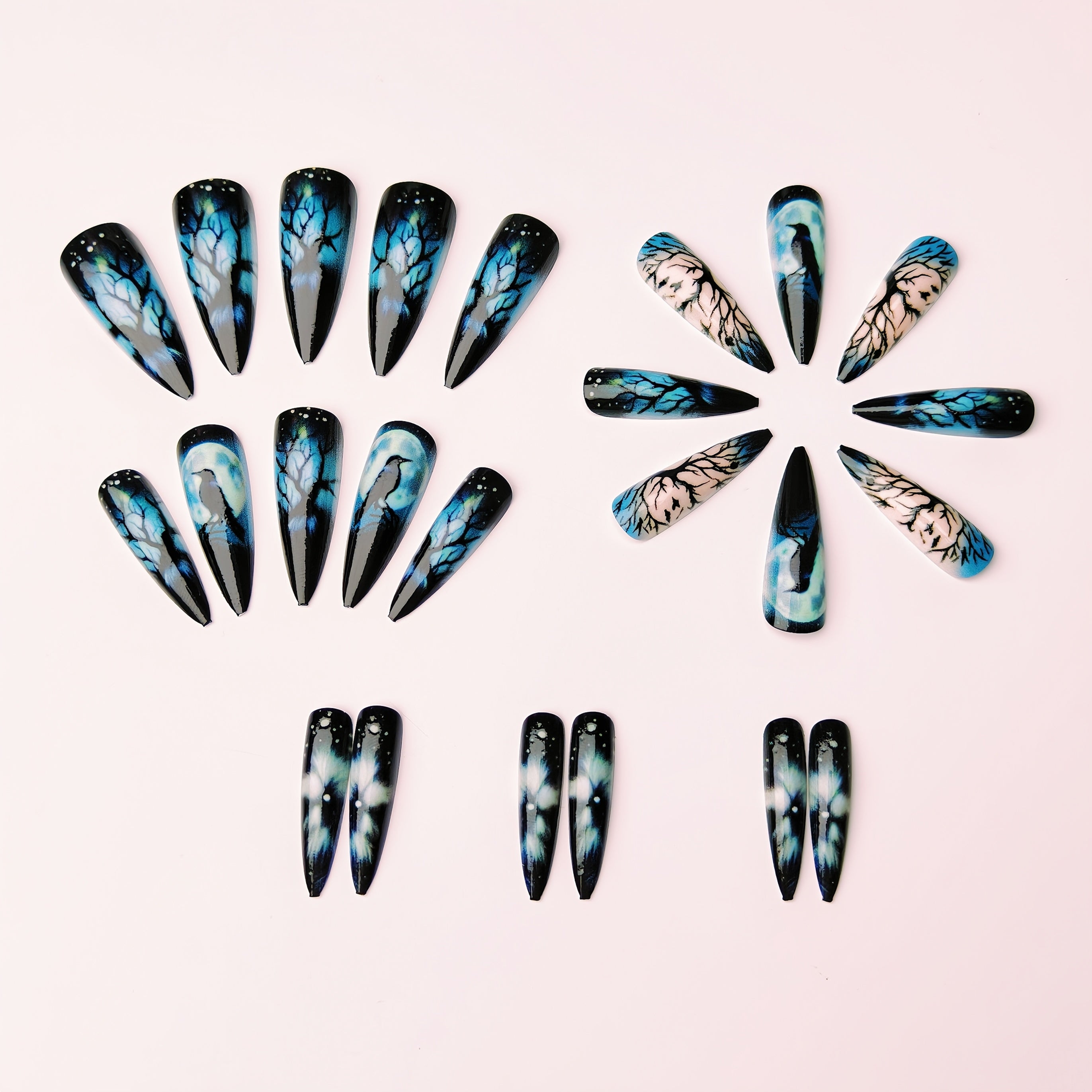 Elegant Magpie & Moonlight Design - 24pcs Long Stiletto Press-On Nails, Glossy Black Mixed Colors, Animal & Plant Motifs for Women