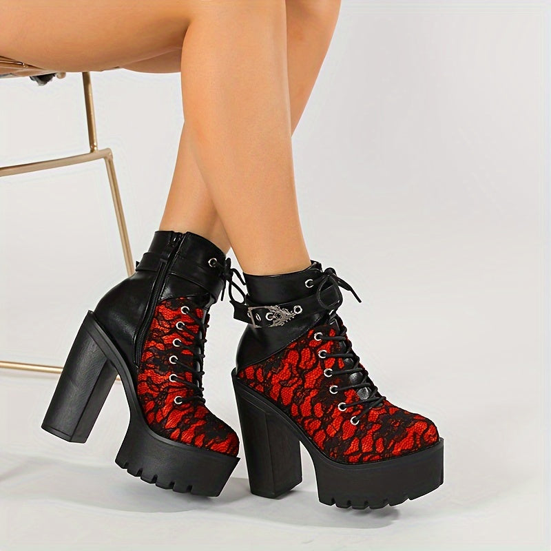 Gothic Chic: Vintage Lace Red High Heel Ankle Boots with Platform Sole - Perfect for Dressy Occasions And Fall Season