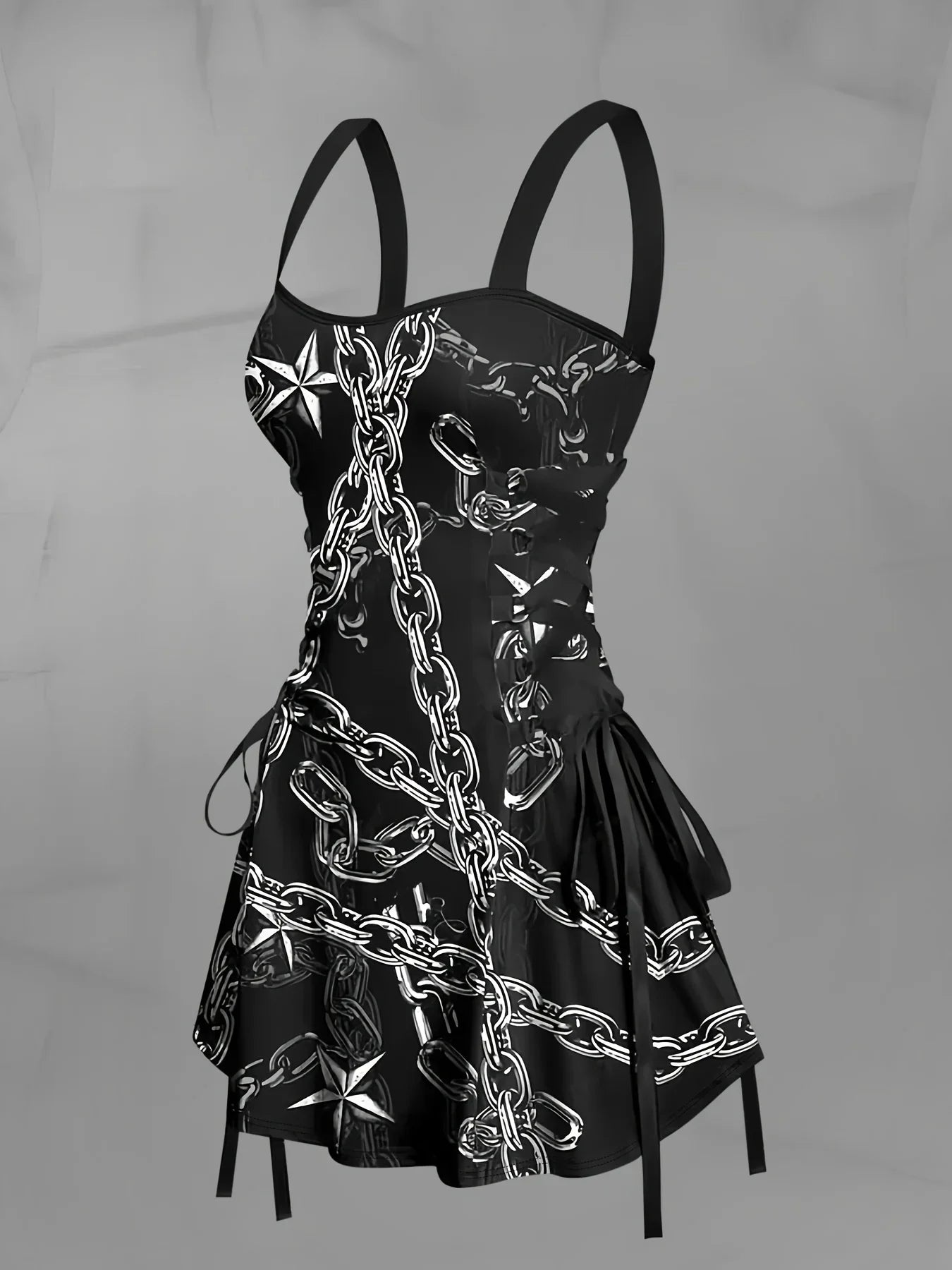 Women's Vintage Chain Print Cami Dress - Stretchy Black & White Chain Design, Adjustable Thin Straps, Ruffled Hem, Machine Washable - Perfect for Spring/Summer