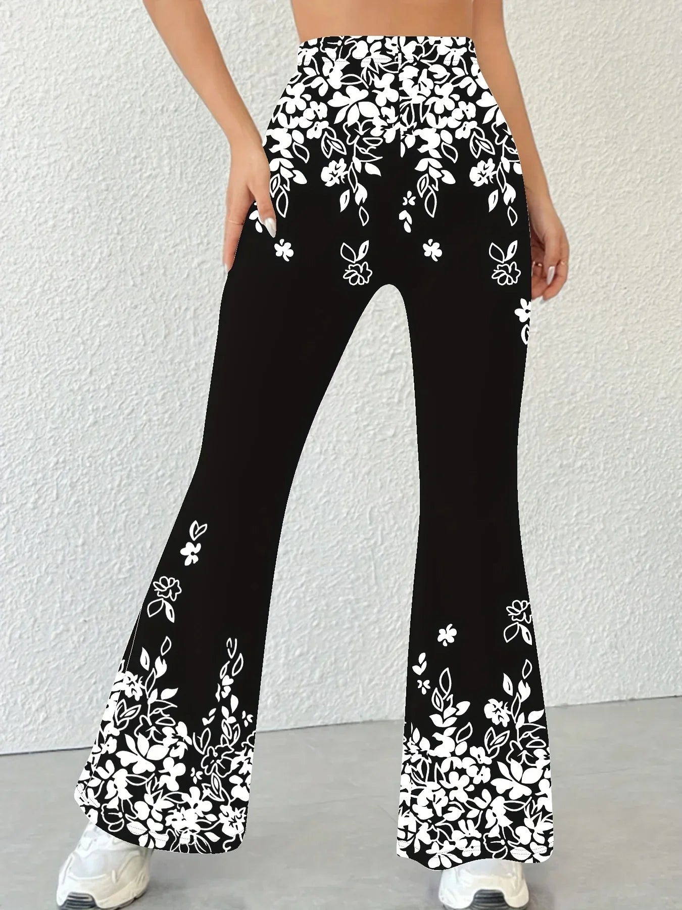 Women's High-Waisted Flared Pants with Black & White Floral Print - Stretchy Elastic Waistband, All-Season Machine Washable Trousers for Casual & Formal Wear - Elegant Women's Fashion, Cute Pants, Comfortable Clothing, Nontransparent Fabric, Versatile Bo