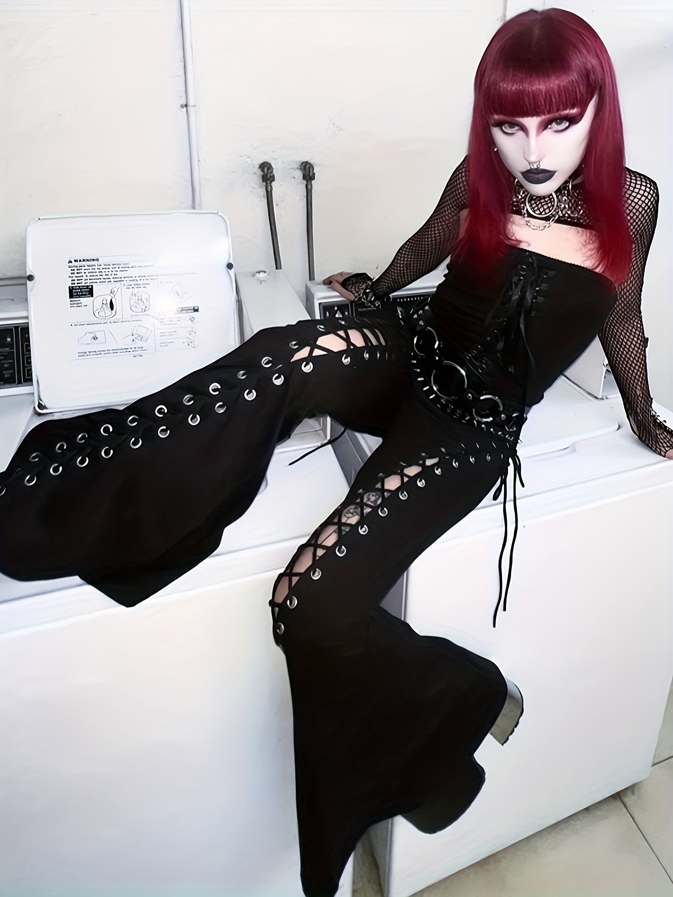 Lilac XN Women'S Gothic Black Streetwear Flare Pants - Sexy Elastic Waist with Tie-Front Detail, Thick Platform Heel, Summer Casual & Party Wear, Flared Leg Pants, Party Attire, Edgy Fashion, Metallic Accents