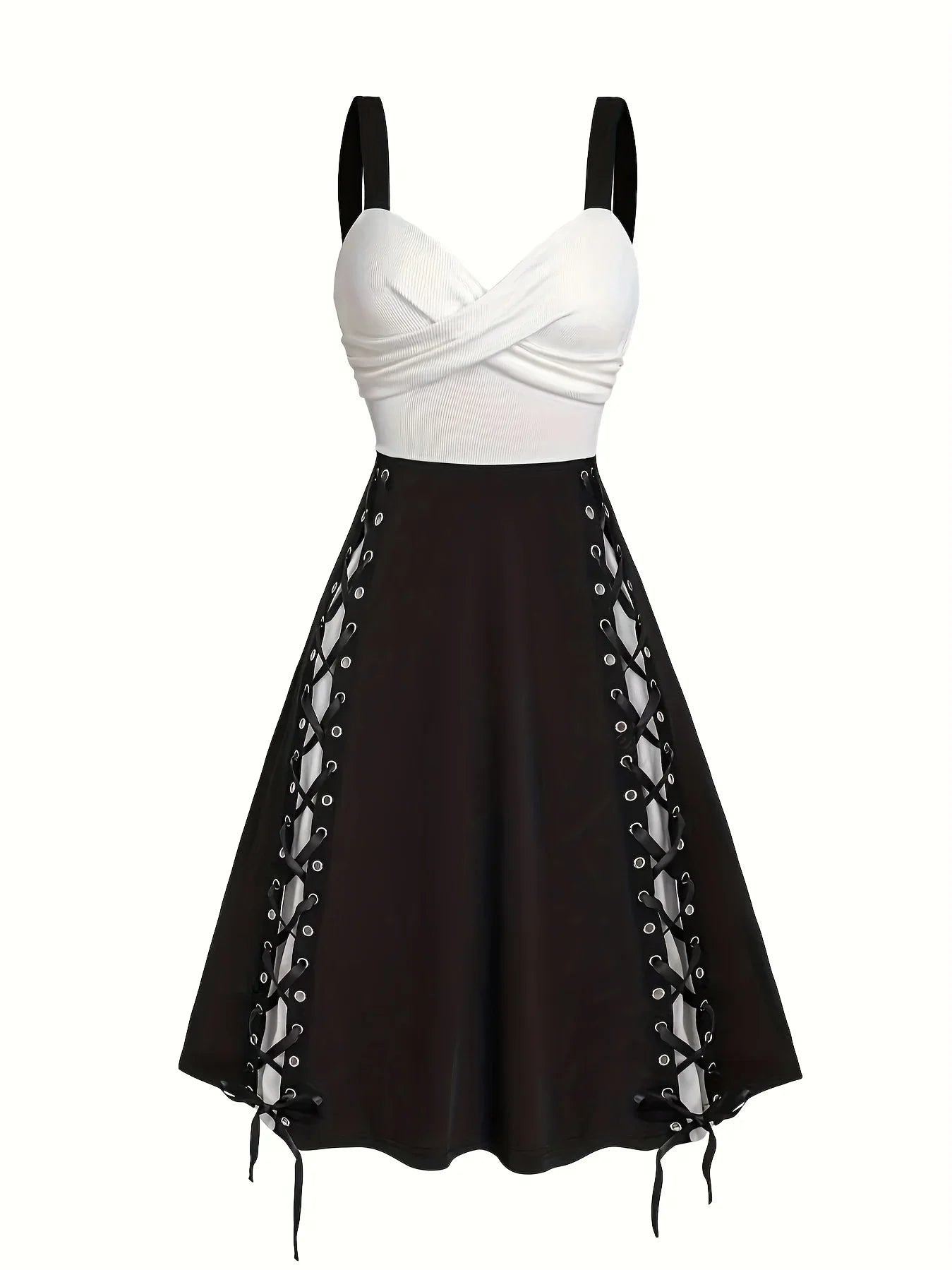 Women's Sexy Color-Block Cross Front Strap Spaghetti Suspender Dress - Stretchy Fitted Top & Flowy Skirt, Machine Washable Black & White Contrast Dress for Spring Summer Fall Casual to Semi-Formal Occasions, Spring Fashion | Halter Neck Dress | Stylish Z