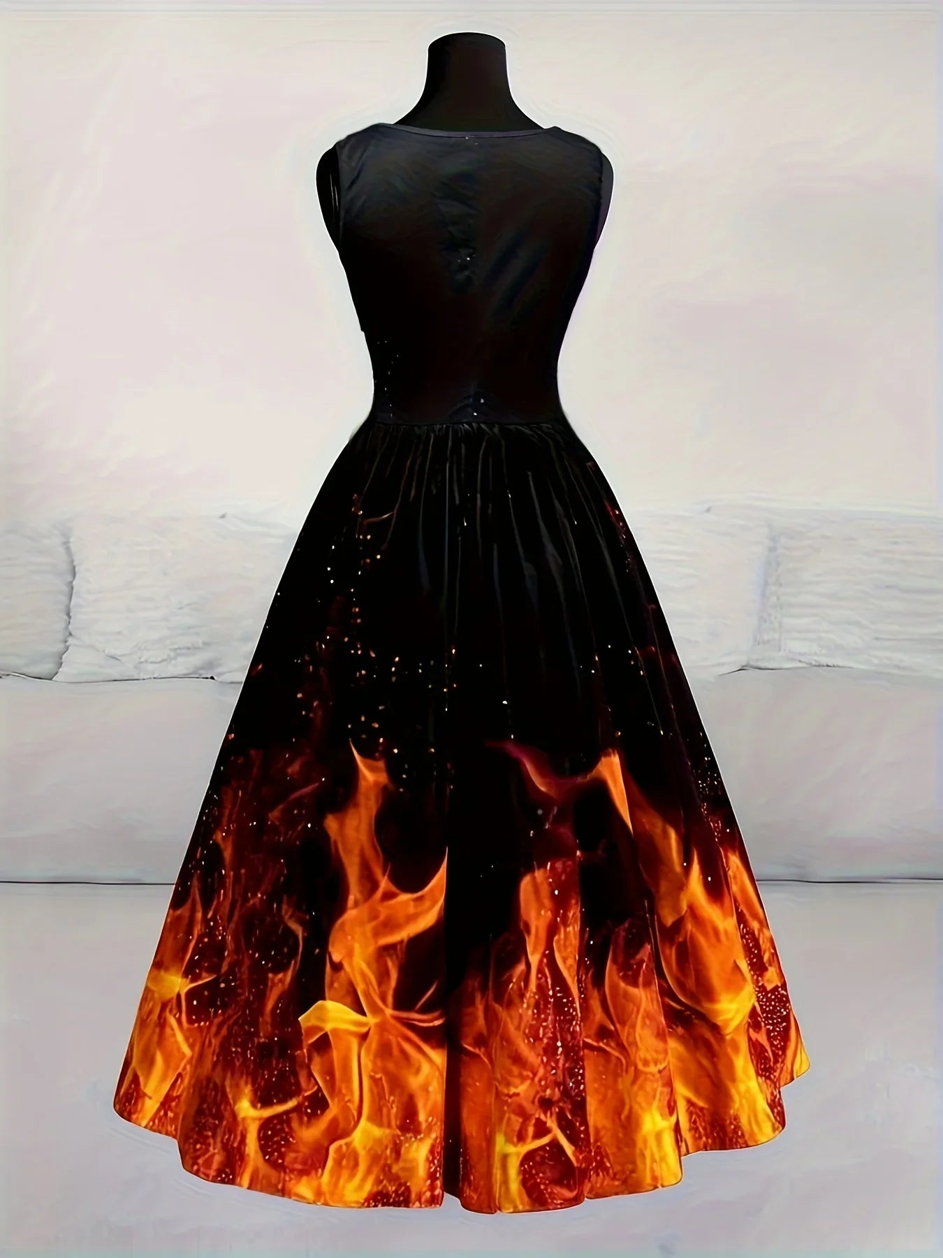 Women'S Halloween Party Dress - Flamingo-like Flame Print in Orange/Red/Black - Formal & Costume Events - Flared Skirt with Waist-Cinching - Retro Gothic Party Outfit for Halloween, Themed Parties - Easy-to-Wear Party Attire, Halloween Costumes, Themed E