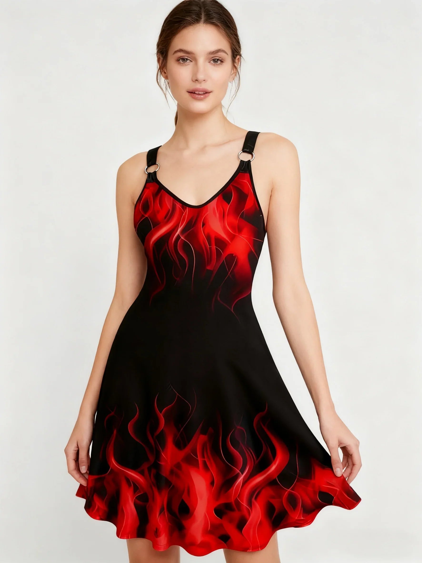 Women's Sexy Flame Print Dress - Spaghetti Strap Party & Everyday Outfit - Black to Red Ombre Fire Pattern - Machine Washable Formal or Casual Evening Dress