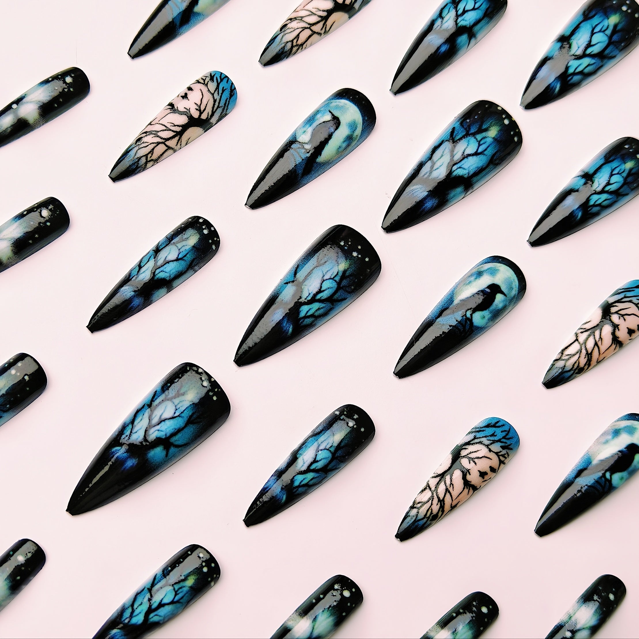 Elegant Magpie & Moonlight Design - 24pcs Long Stiletto Press-On Nails, Glossy Black Mixed Colors, Animal & Plant Motifs for Women