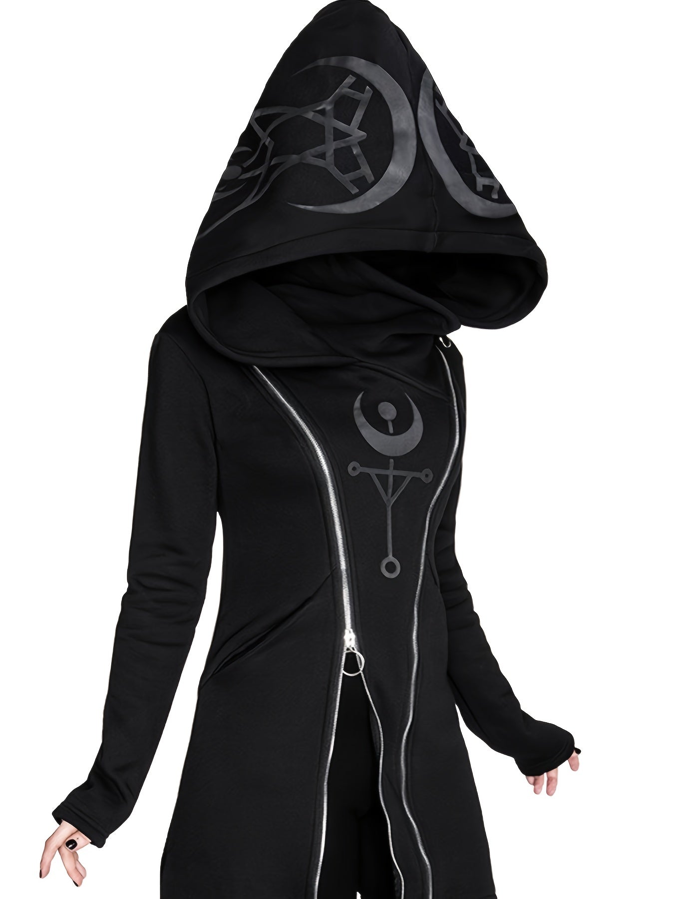 SLL Women's Elegant Geometric Print Hooded Zip-Up Jacket - Black with White Mystical Symbols, Medium Stretch Machine-Washable All-Season Outerwear, Casual Wear, Celestial Design, Durable Fabric