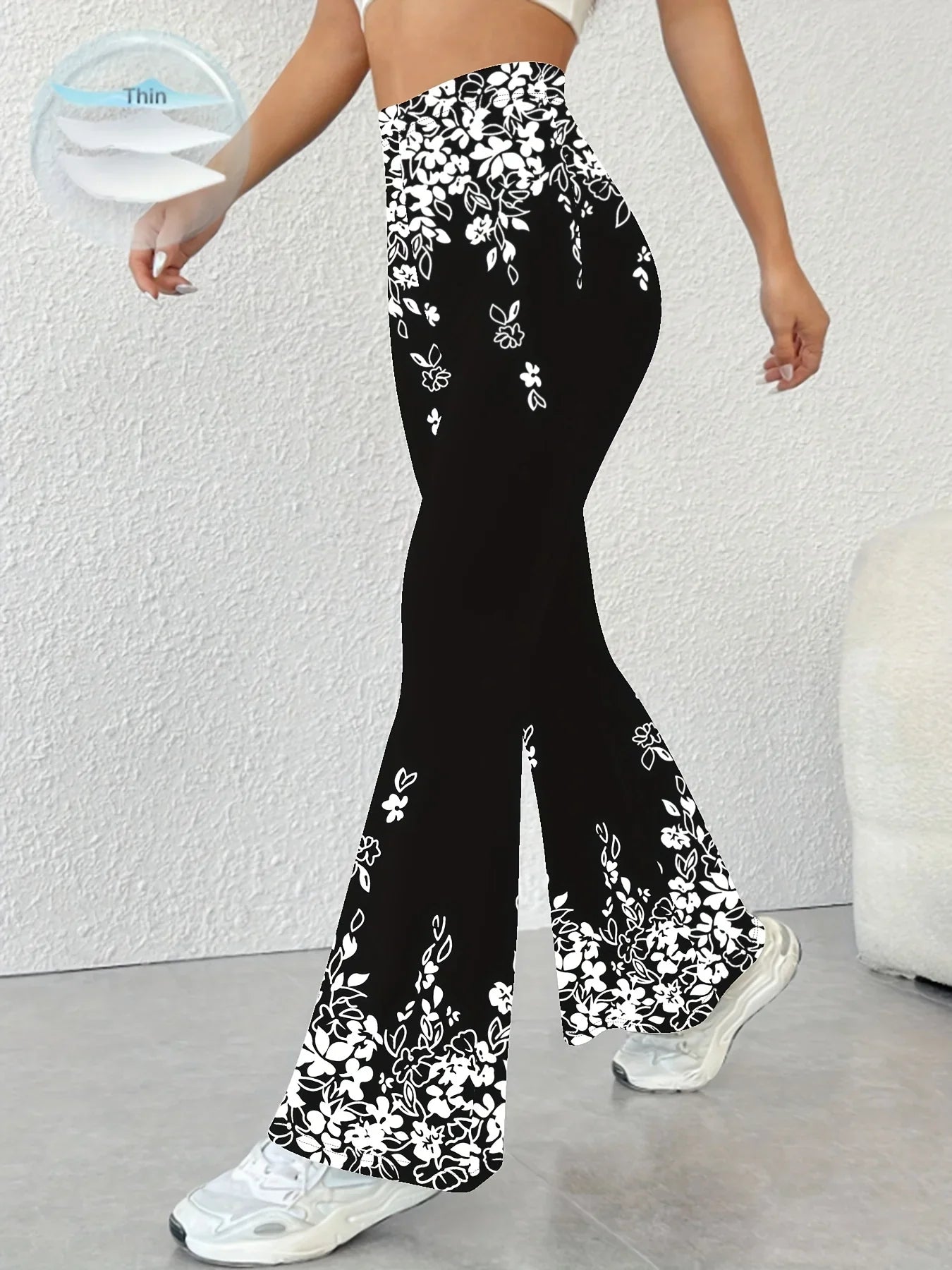 Women's High-Waisted Flared Pants with Black & White Floral Print - Stretchy Elastic Waistband, All-Season Machine Washable Trousers for Casual & Formal Wear - Elegant Women's Fashion, Cute Pants, Comfortable Clothing, Nontransparent Fabric, Versatile Bo