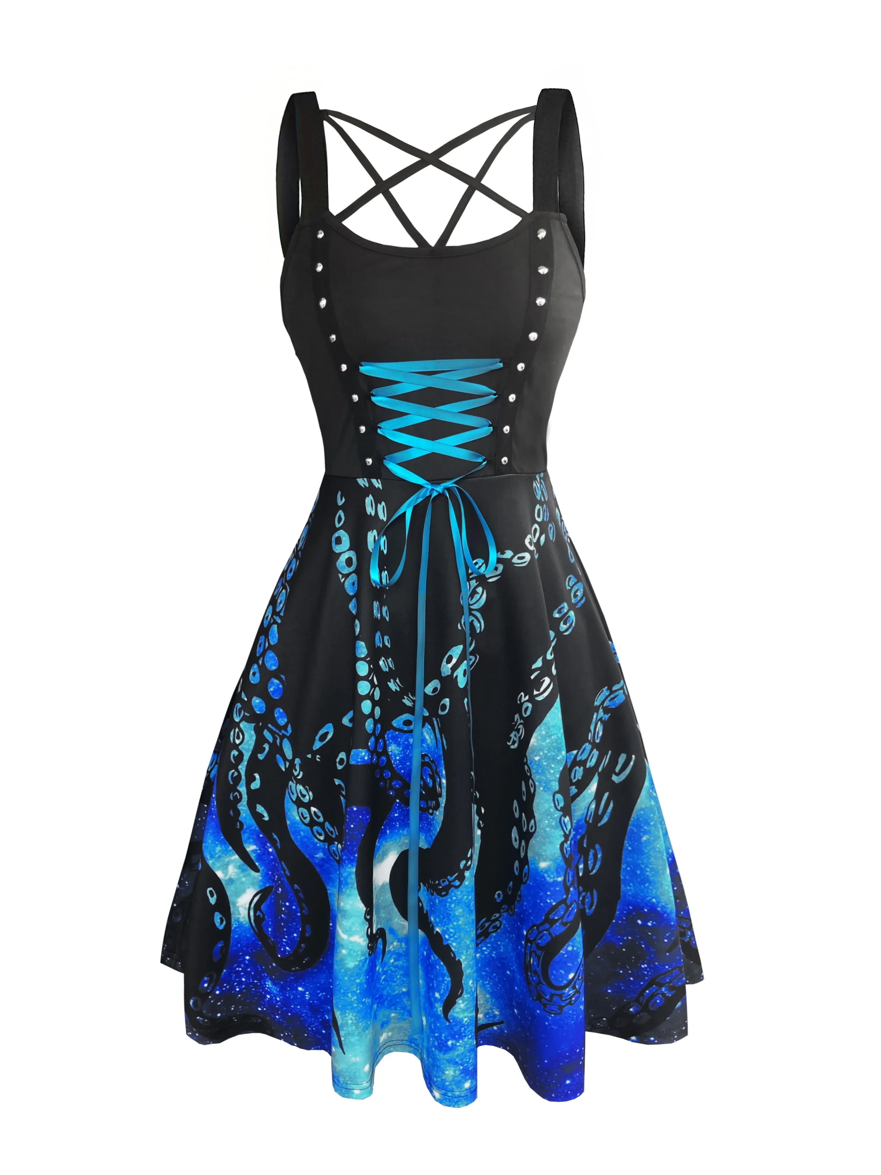 Gothic-Inspired Octopus & Starry Sky Dress with Unique Metal Accents, Vintage Waist Tie-Back, Colorful Gradient - Machine Washable