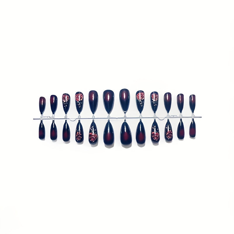 Women's Glossy Press On Nails Almond Shape Medium Length - Burgundy & Black Red Rose Floral Design with White Base, Elegant Glossy Finish, Comfortable Press On Nails for Parties, Weddings, Casual Attire - Burgundy, Black, White & Pink Ombre Gradient, Dur
