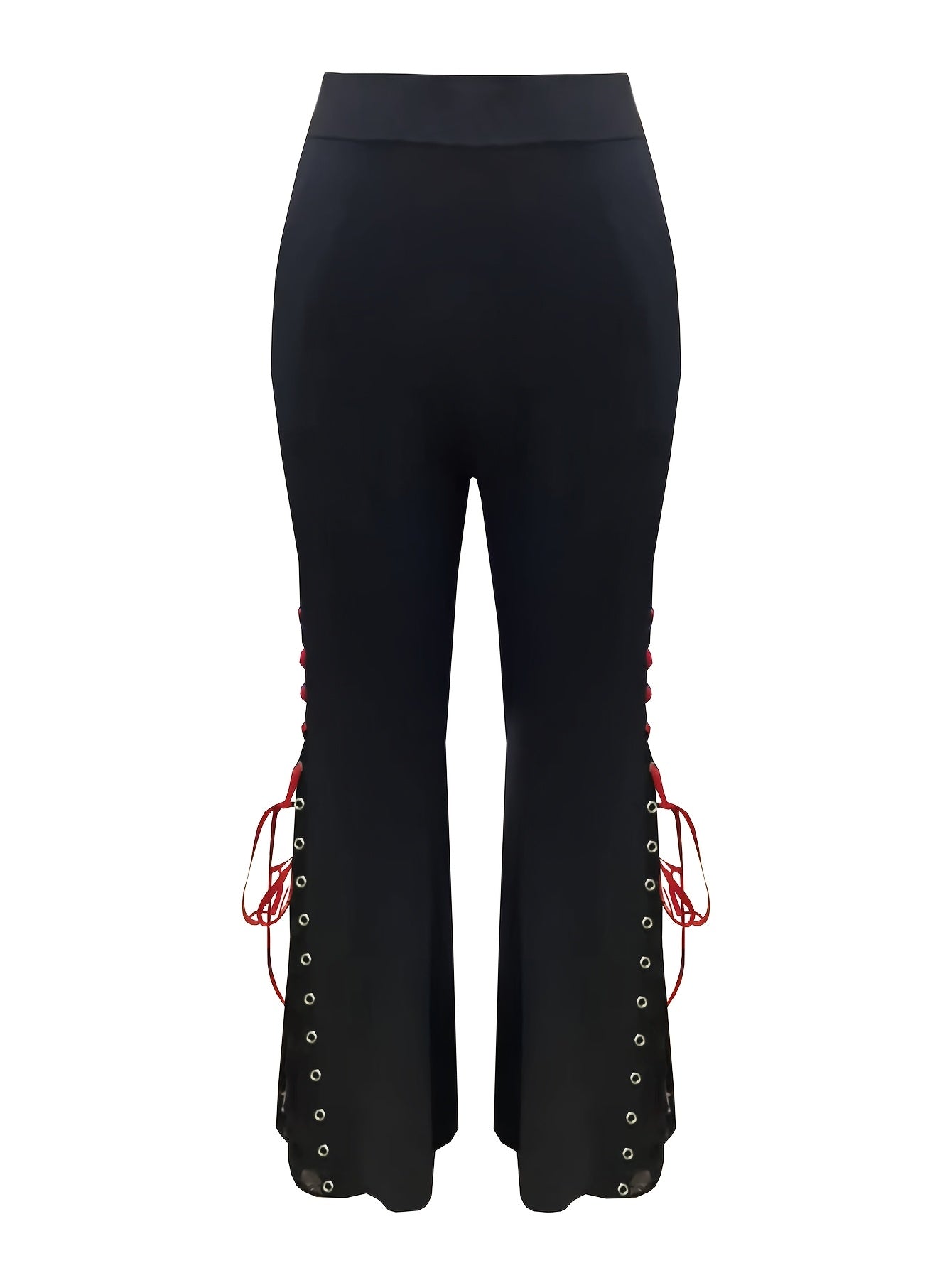 Elegant Solid Color Flare Leg Pants, Polyester Spandex Knit Fabric, Grommets Details, Women'S Clothing