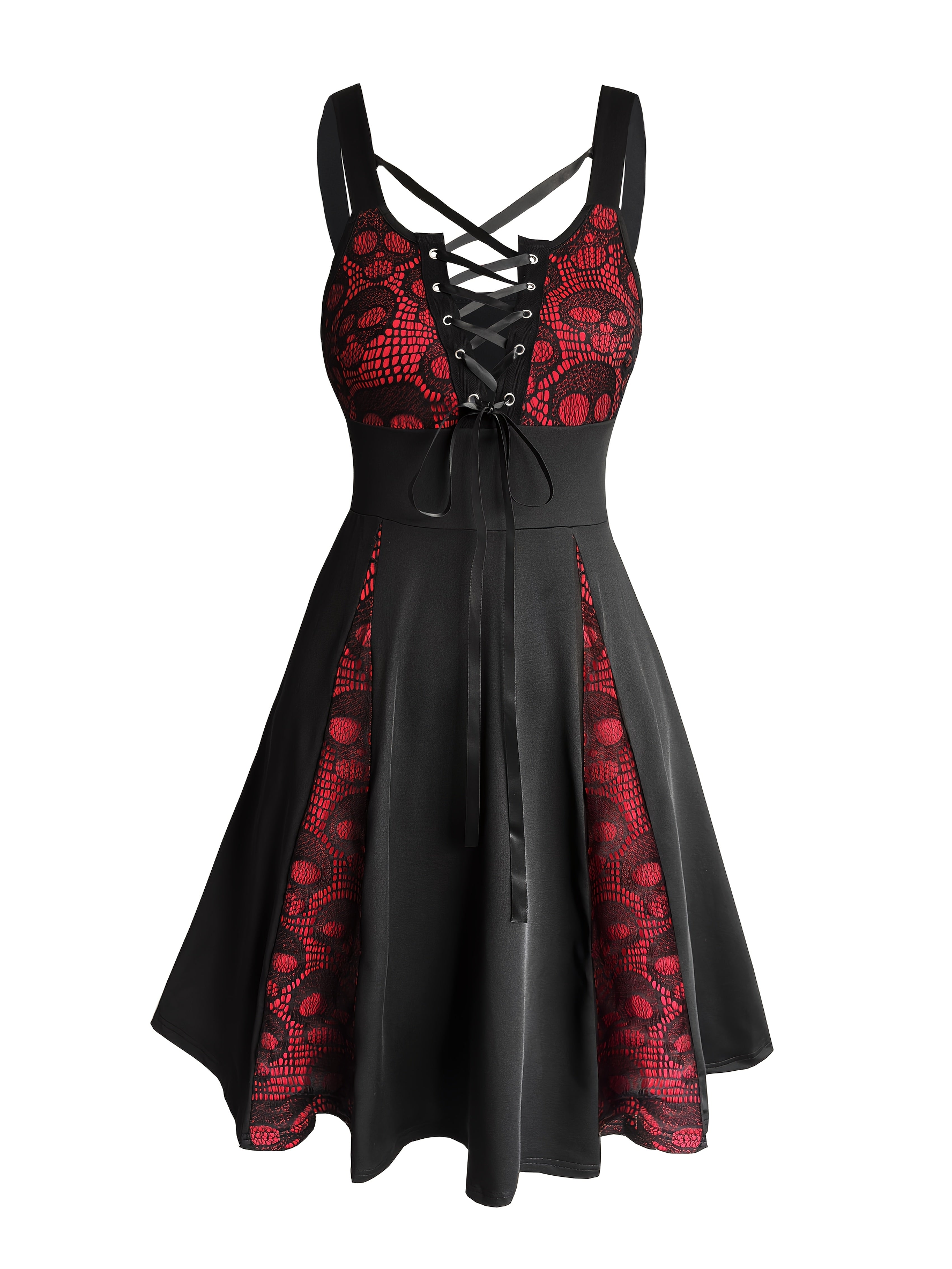 Women'S Gothic party dress - Sexy A-Line skirt with front tie-up, Black & Lace-like accents, for Nightclub, Halloween, Everyday Outfits - All-Season Formal & Casual Attire, Nightclub Attire, Vneck Design, Lace Detailing