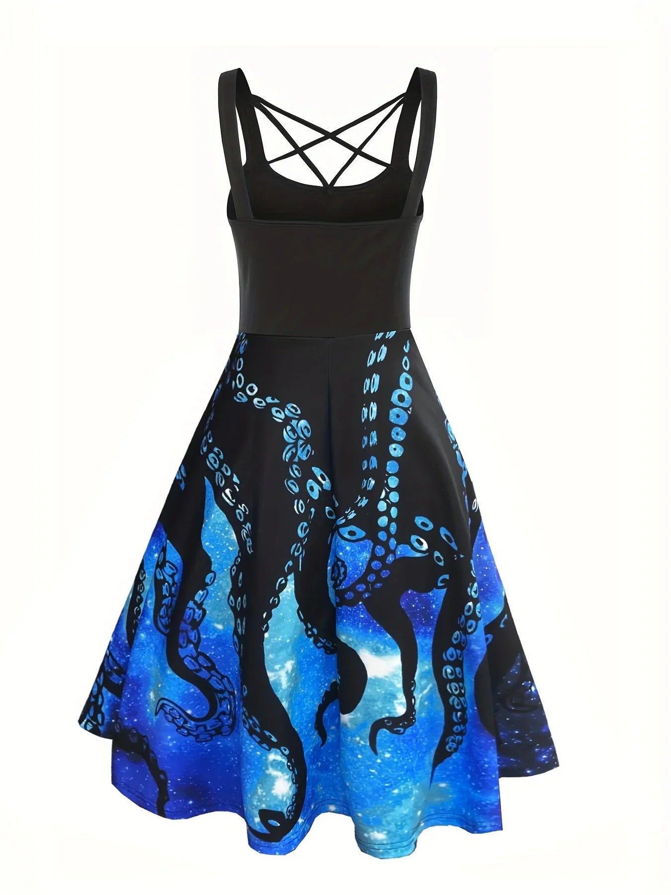 Gothic-Inspired Octopus & Starry Sky Dress with Unique Metal Accents, Vintage Waist Tie-Back, Colorful Gradient - Machine Washable