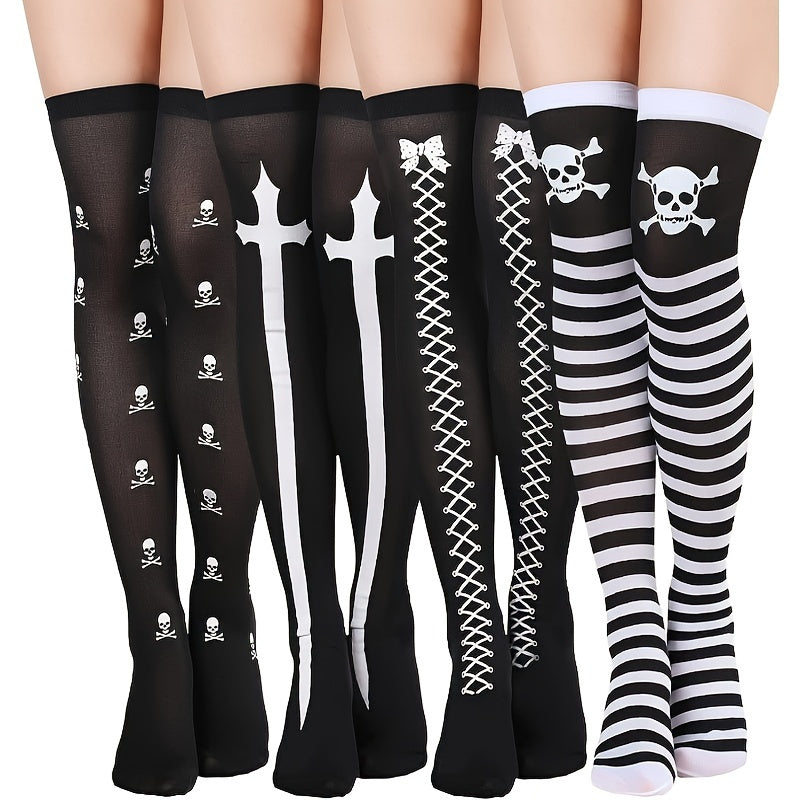 4 Pairs Skull & Striped Print Thigh High Stockings, Halloween Cosplay Festival Over The Knee Socks, Women's Stockings & Hosiery