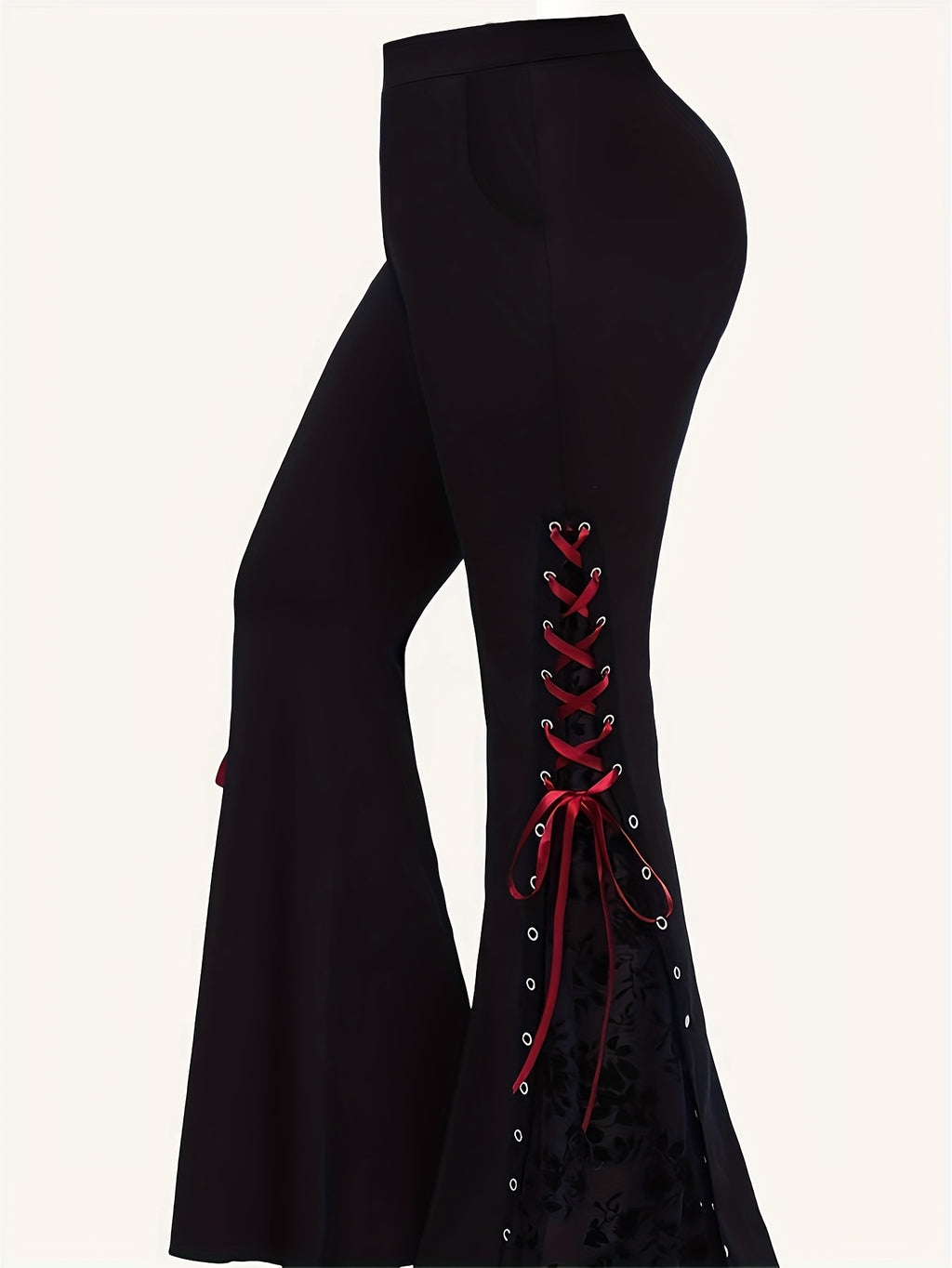 Elegant Solid Color Flare Leg Pants, Polyester Spandex Knit Fabric, Grommets Details, Women'S Clothing
