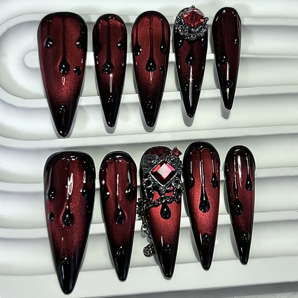 10pcs Handmade Nail Dark Blood Red Spice Nail Stickers Stickers Handmade Red Cat Eye Dripping Blood Vampire Red Diamond Fake Nail Stickers Long Nail Supplies (1 Jelly Sticker + 1 Plastic Stick + 1 Nail File, Note: No Glue)