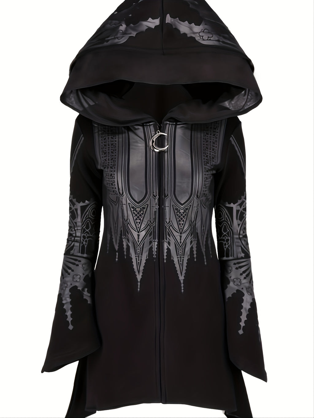 Black Geometric Print Hooded Sweatshirt - Asymmetrical Hem Longline Pullover with Front Pockets, Mid-Stretch Casual Streetwear for All Seasons, Machine Washable Top