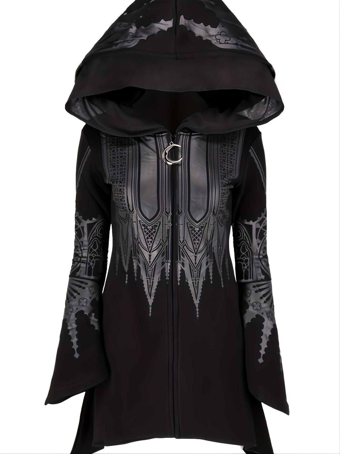 Black Geometric Print Hooded Sweatshirt - Asymmetrical Hem Longline Pullover with Front Pockets, Mid-Stretch Casual Streetwear for All Seasons, Machine Washable Top