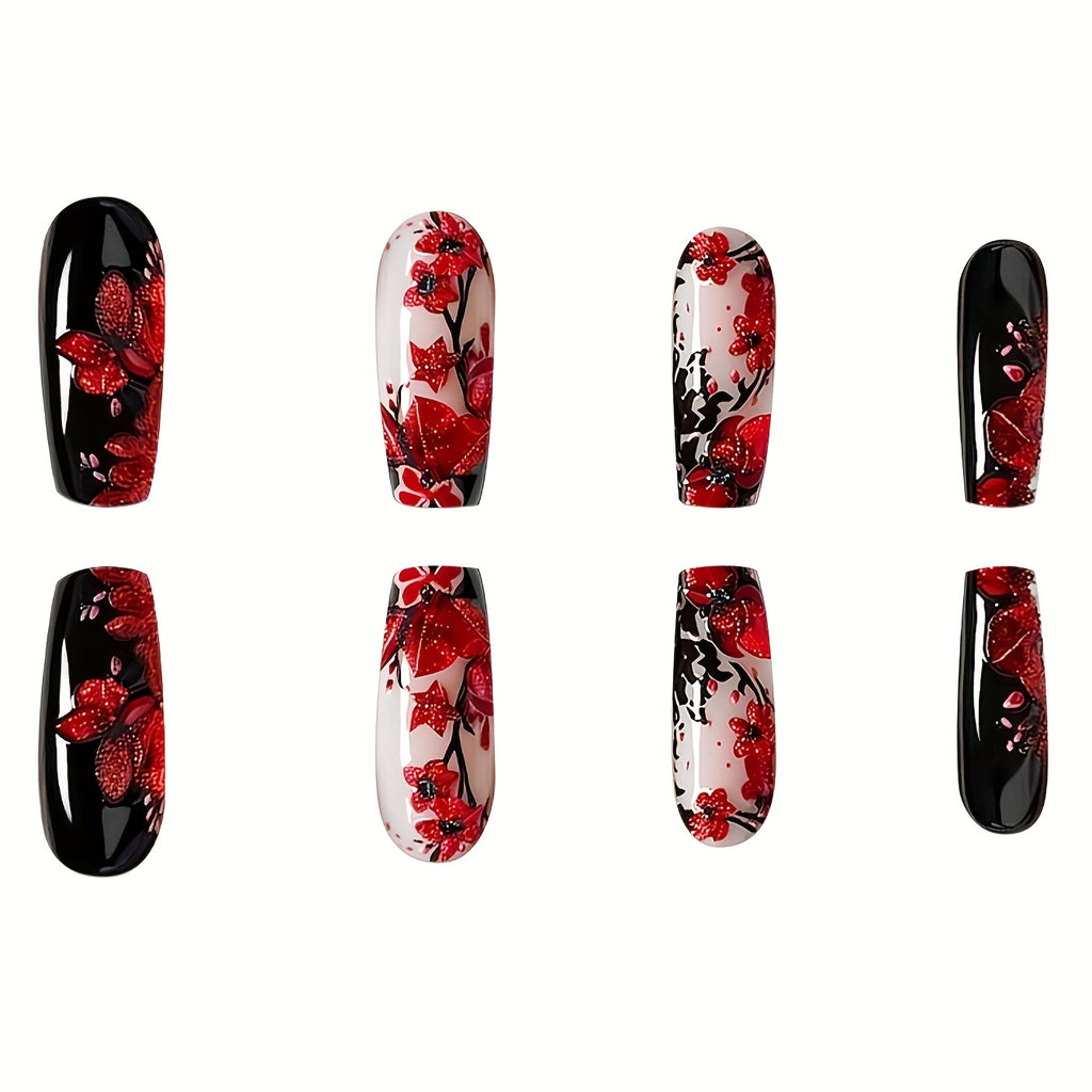 A box of 24 long coffin-shaped nails, black and nude with red 3D floral design and sequin embellishments, nail sticker set, with nail file and jelly glue. Suitable for all women, perfect for daily, festival and party use